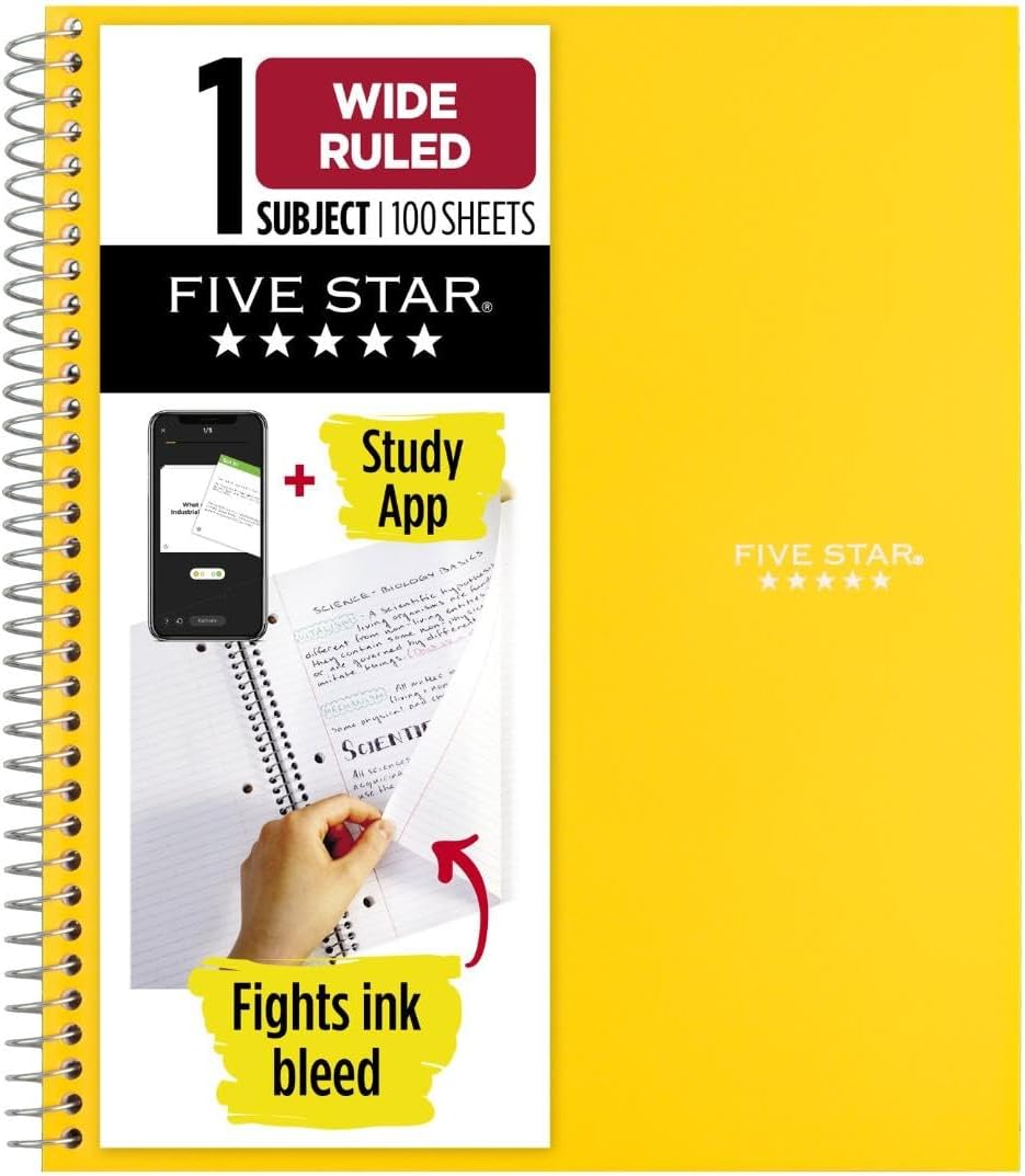 Five Star Spiral Notebook + Study App, 1 Subject, Wide Ruled Paper, 8" x 10.5", 100 Sheets, Fights Ink Bleed, Water Resistant Cover, Vivid Yellow (930010CJ1)