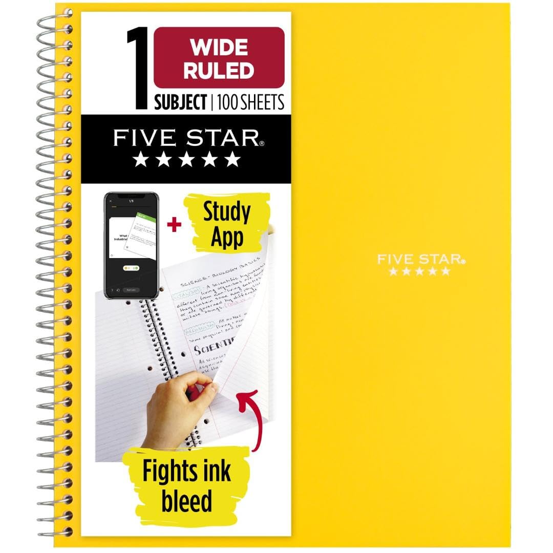 Five Star Spiral Notebook + Study App, 1 Subject, Wide Ruled Paper, 8" x 10.5", 100 Sheets, Fights Ink Bleed, Water Resistant Cover, Vivid Yellow (930010CJ1)