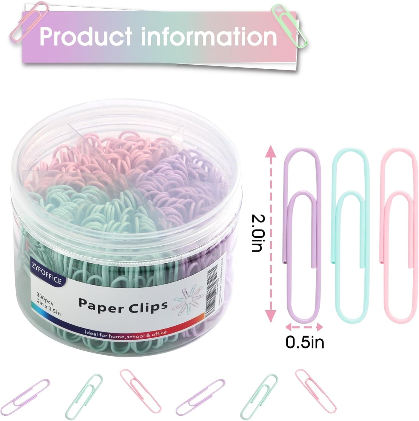 Pastel Jumbo Paper Clips, 2 Inch (50 mm) | 300pcs, Soft Color Clips, For Paperwork, Home, School and Office Use