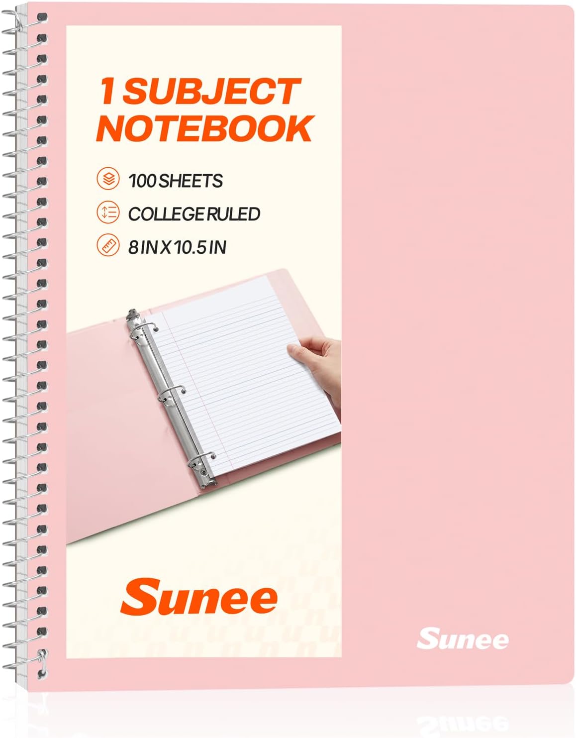 SUNEE Spiral Notebook, 1-Subject, College Ruled Paper, 8" x 10-1/2", 100 Sheets per Notebook, 3-Hole Punched Paper, Water Resistant Cover, Double-sided Pockets, Spiral Lined Notebooks for Work, Pink