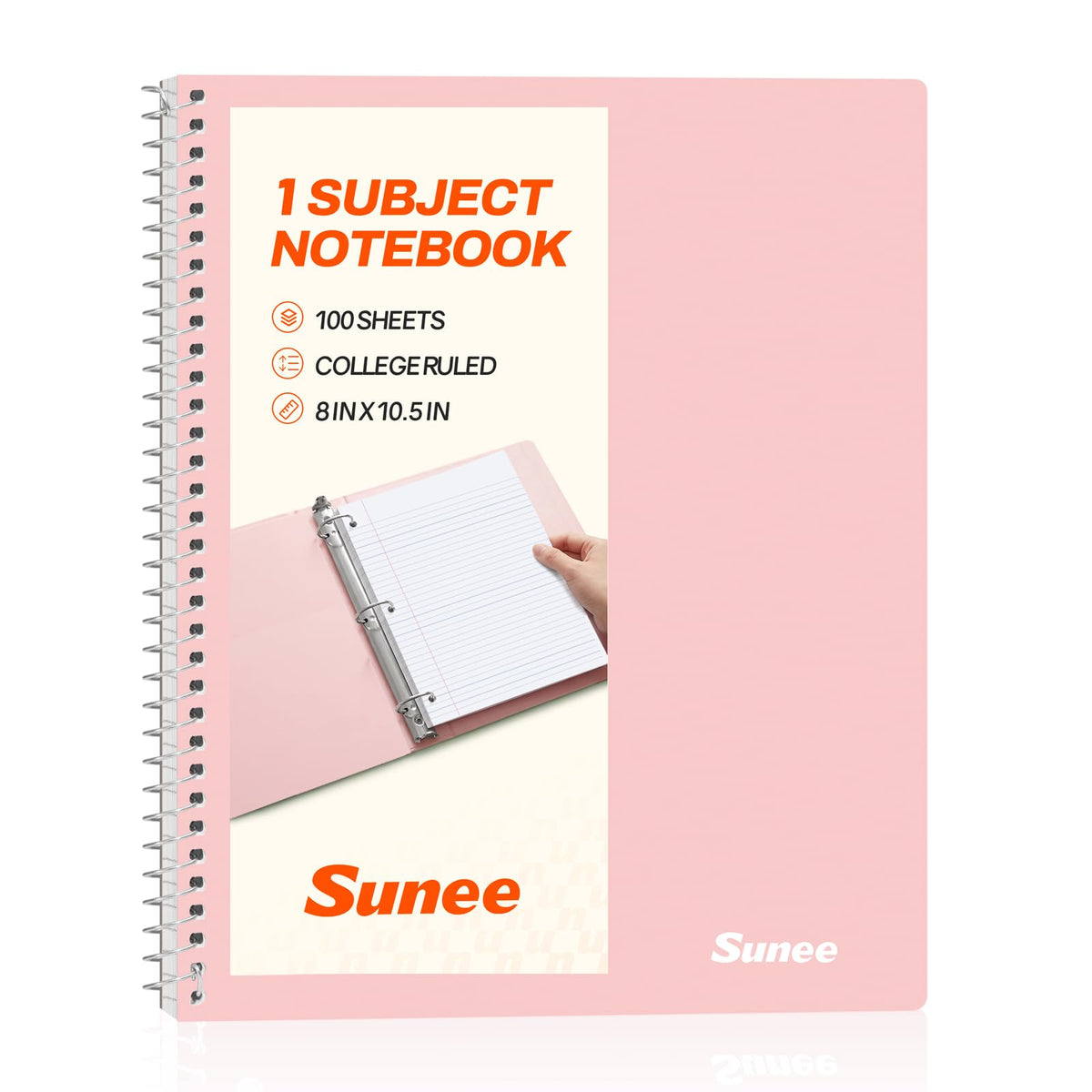 SUNEE Spiral Notebook, 1-Subject, College Ruled Paper, 8" x 10-1/2", 100 Sheets per Notebook, 3-Hole Punched Paper, Water Resistant Cover, Double-sided Pockets, Spiral Lined Notebooks for Work, Pink