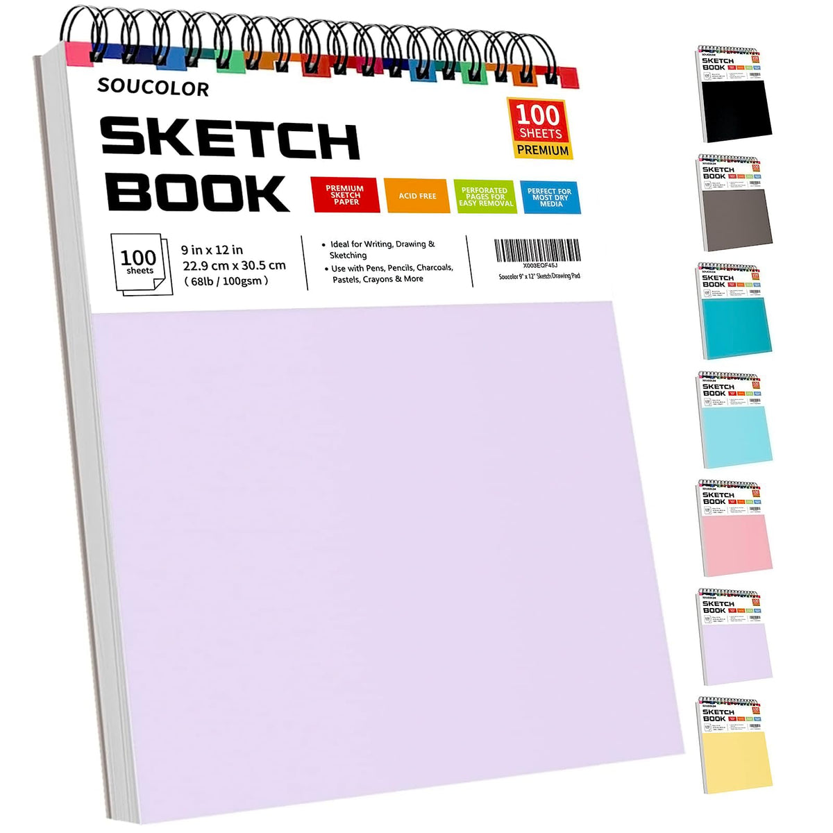 Soucolor Sketch Book 9" x 12", 100 Sheets Kids Art Sketchbook Drawing Pad | 68lb Acid-Free, Fine-Texture Paper, Top Spiral for Lay-Flat, Gift for Teens Girls Boys Beginners Adults, School Art Supplies