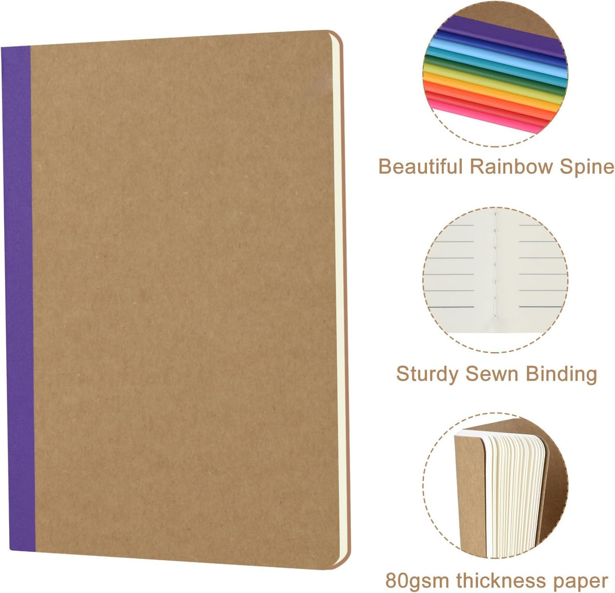 Composition Notebooks Bulk, A5 Kraft Cover Lined Journals with Rainbow Spines for School, Business, Work and Daliy Use (24, 8 colors)