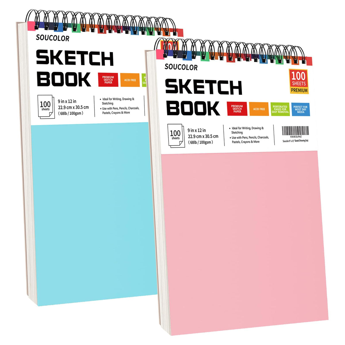 Soucolor Sketch Book 9" x 12", 100 Sheets Kids Art Sketchbook Drawing Pad | 68lb Acid-Free, Fine-Texture Paper, Top Spiral for Lay-Flat, Gift for Teens Girls Boys Beginners Adults, School Art Supplies