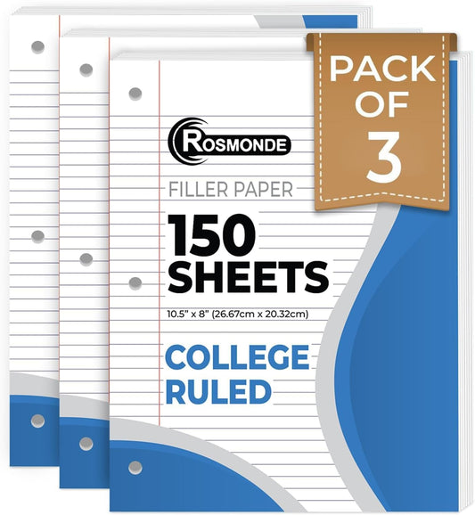 450 Sheets Loose Leaf Paper, 3 Pack, College Ruled Filler Paper | Bulk Office Filler Paper, 8" x 10.5", 3 Hole Punched, 150 Sheets/Pack, College Ruled Notebook Paper for Binder, White