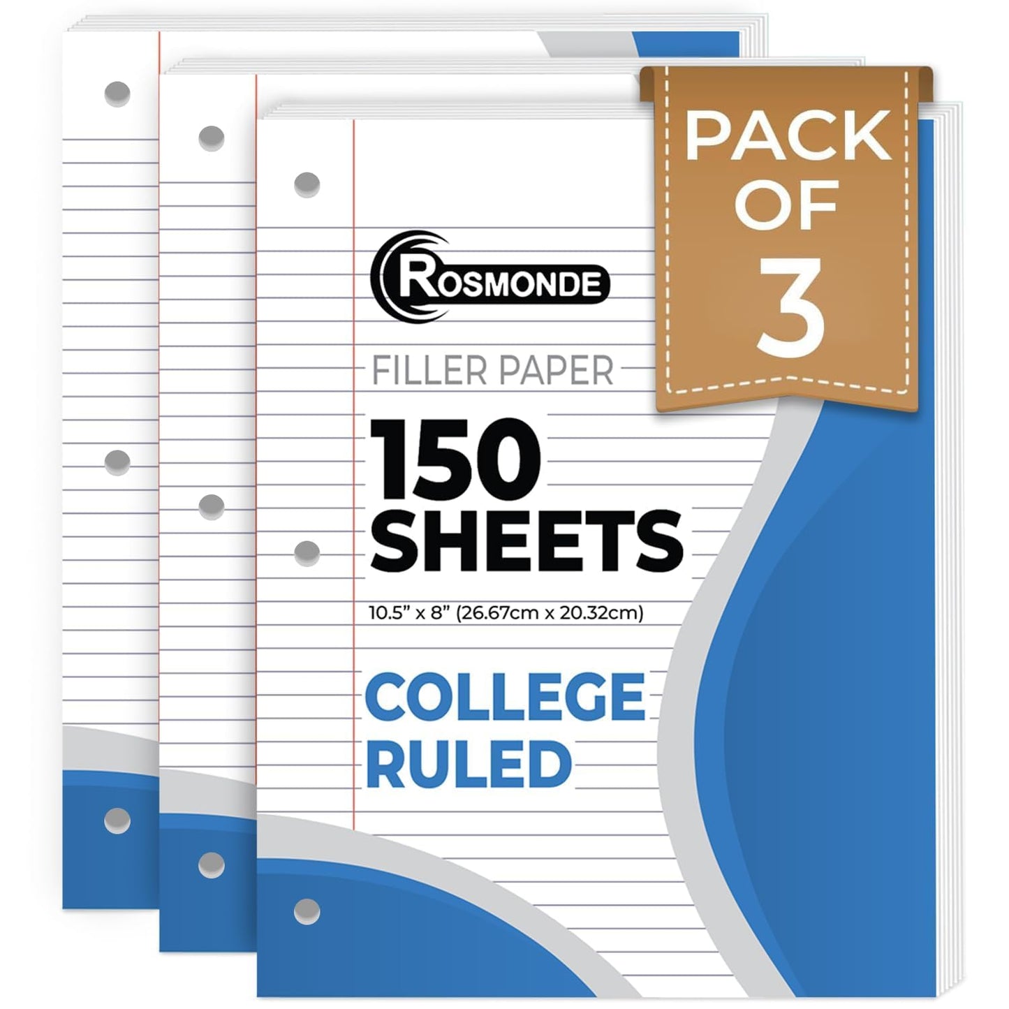 450 Sheets Loose Leaf Paper, 3 Pack, College Ruled Filler Paper | Bulk Office Filler Paper, 8" x 10.5", 3 Hole Punched, 150 Sheets/Pack, College Ruled Notebook Paper for Binder, White