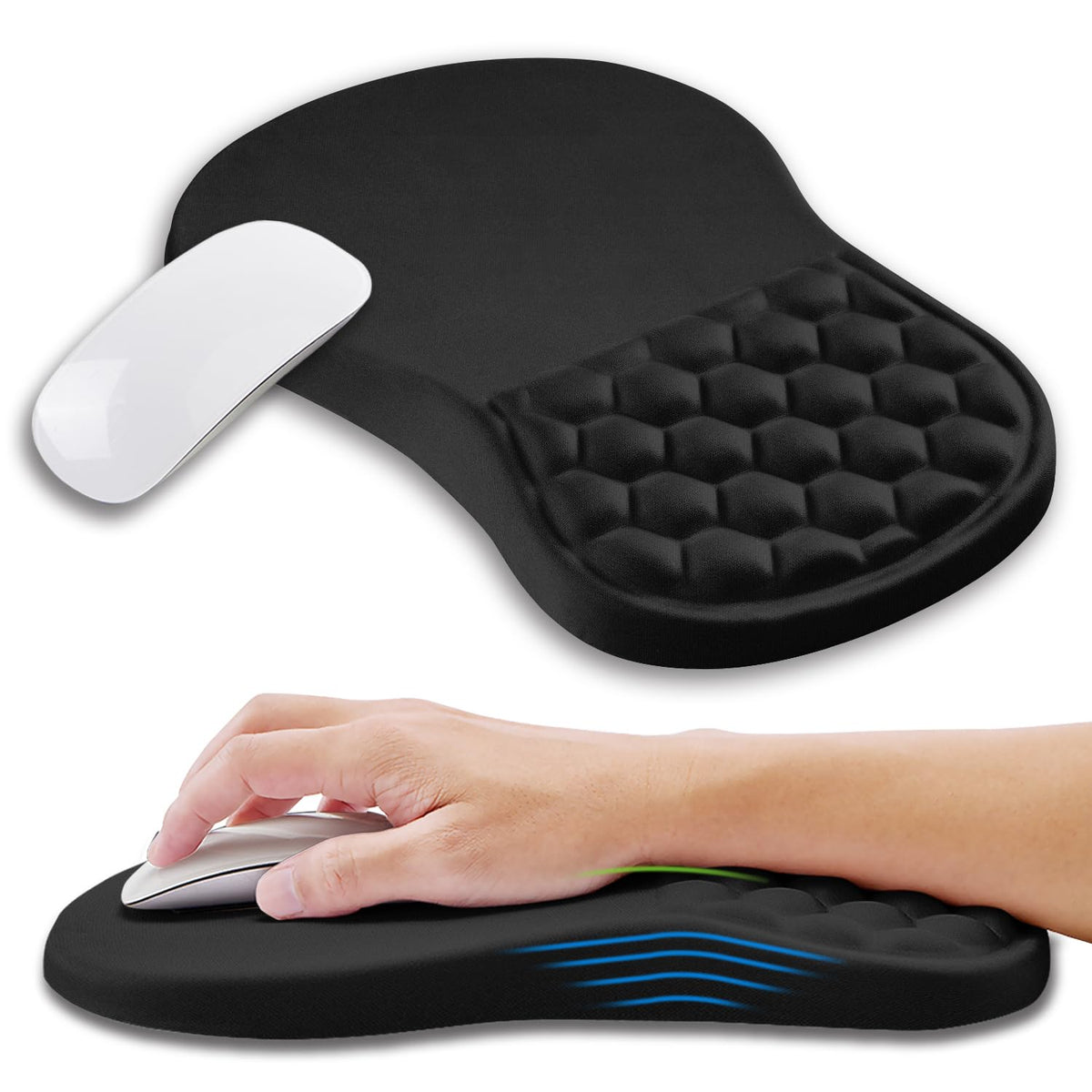 Ergonomic Mouse Pad Wrist Support with Memory Foam Massage Bulge, Carpal Tunnel Pain Relief Mousepad Wrist Rest for Mouse(12x8 inch, Black)