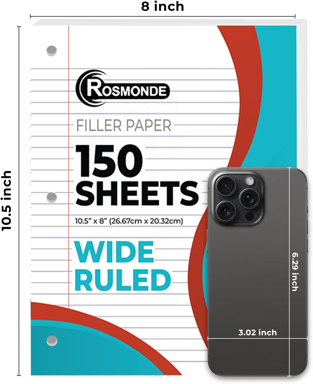 450 Sheets Loose Leaf Paper, 3 Pack, Wide Ruled Filler Paper | Bulk Office Filler Paper, 8" x 10.5", 3 Hole Punched, 150 Sheets/Pack, Wide Ruled Notebook Paper for Binder, White