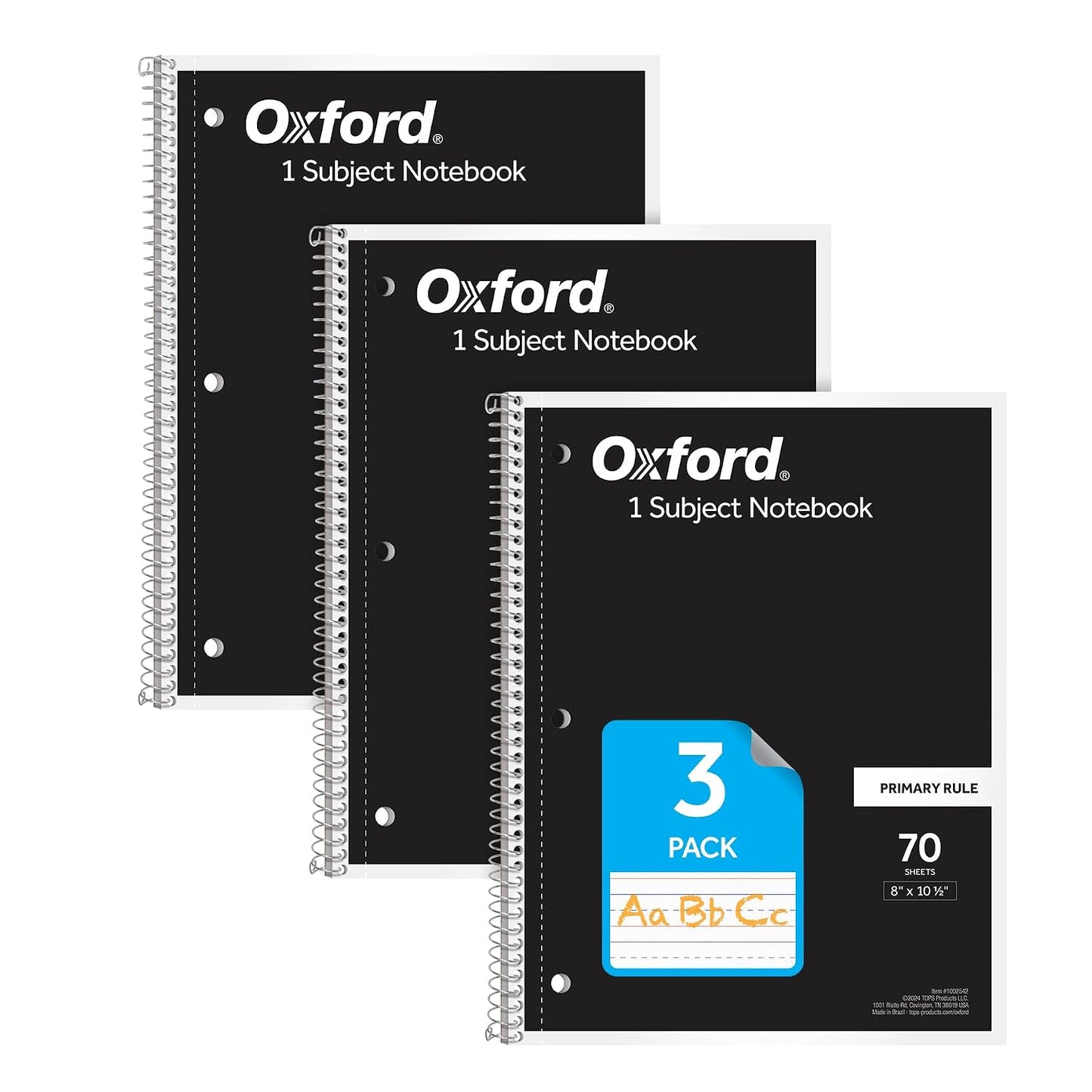 Oxford Primary Ruled Spiral Notebooks, Writing/Drawing Practice for Kids, Grades Pre-K, K-2, 70 Sheets, 8 x 10.5 Inches, Black, 3 Pack (1002542)