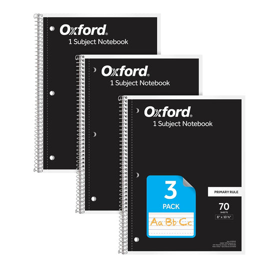 Oxford Primary Ruled Spiral Notebooks, Writing/Drawing Practice for Kids, Grades Pre-K, K-2, 70 Sheets, 8 x 10.5 Inches, Black, 3 Pack (1002542)