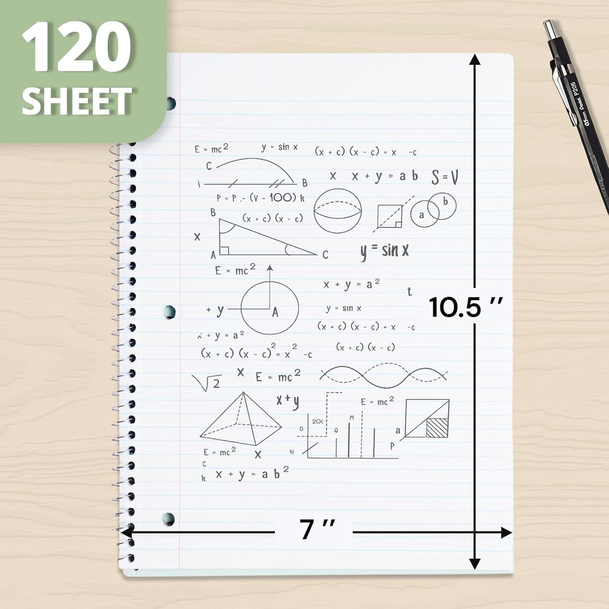 ONAVIA 3 Subject Spiral Notebook College Ruled 5 Pack, 240 Pages, Assorted | 120 Sheets, 8 x 10.5 in, 3 Dividers, Double-Sided Pockets, School Notebook, Study, Homework, Students