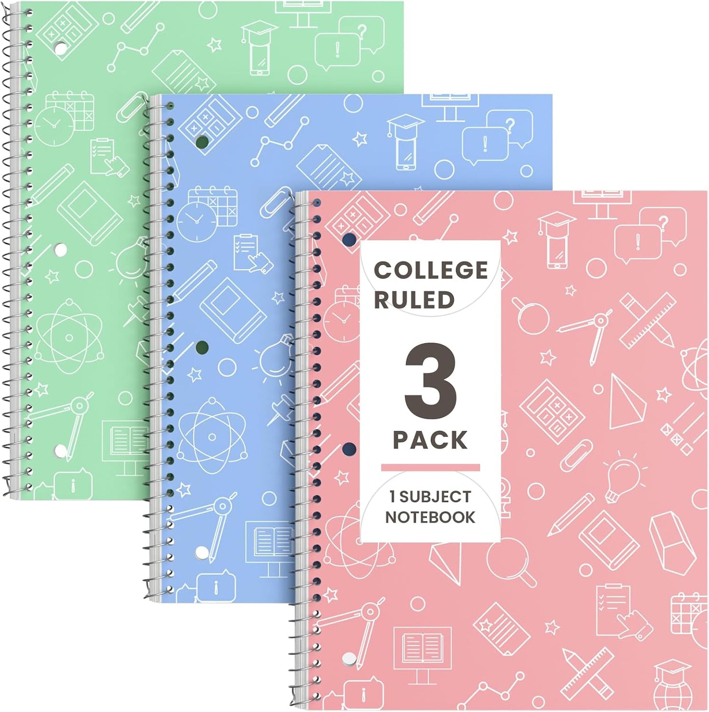 Oucaru 1 Subject Spiral Notebook College Ruled 3 Pack, 140 Pages | 70 Sheets, 8 x 10.5 in, 3-Hole Punched, School Notebook, Writing Notebook, Home, Office Supplies