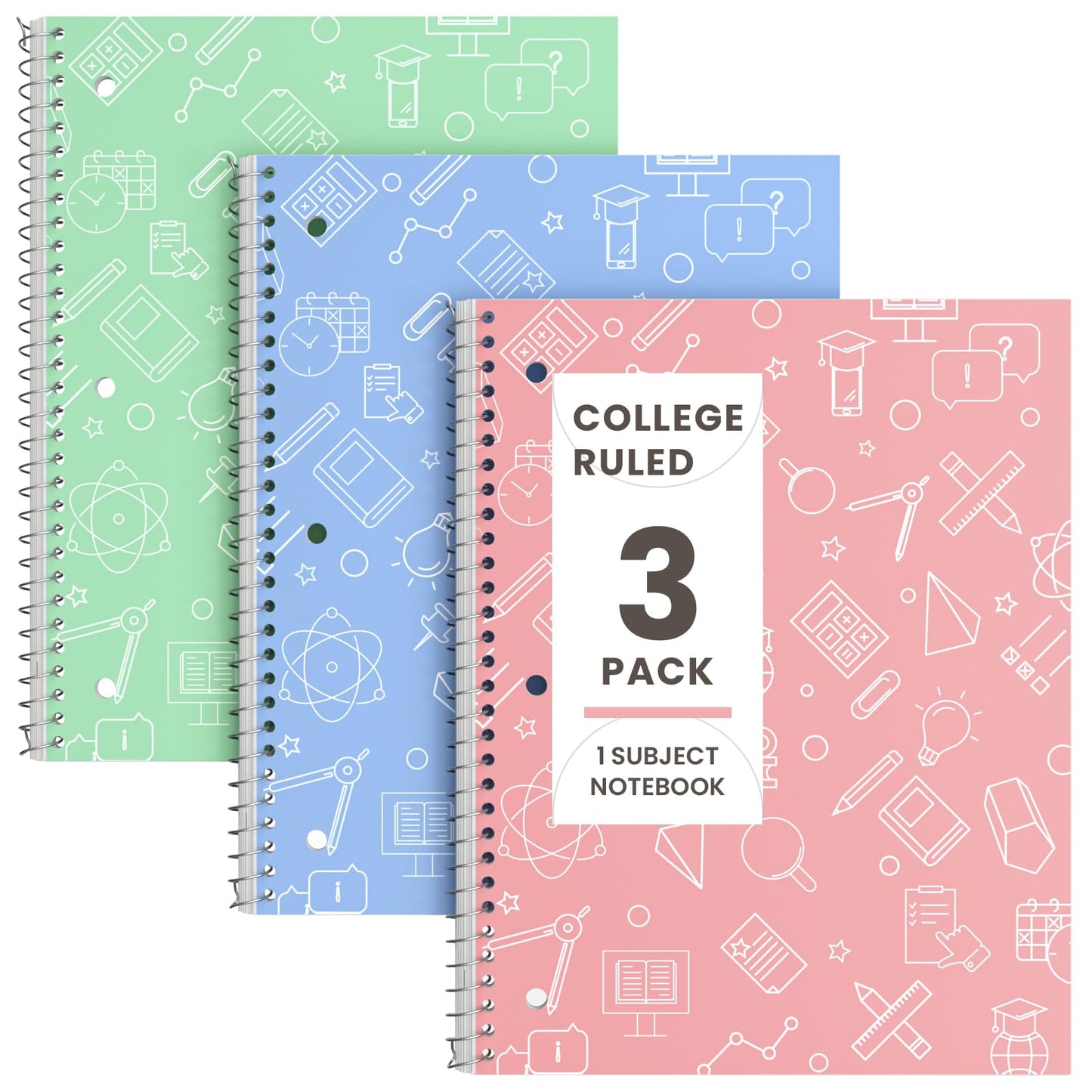 Oucaru 1 Subject Spiral Notebook College Ruled 3 Pack, 140 Pages | 70 Sheets, 8 x 10.5 in, 3-Hole Punched, School Notebook, Writing Notebook, Home, Office Supplies