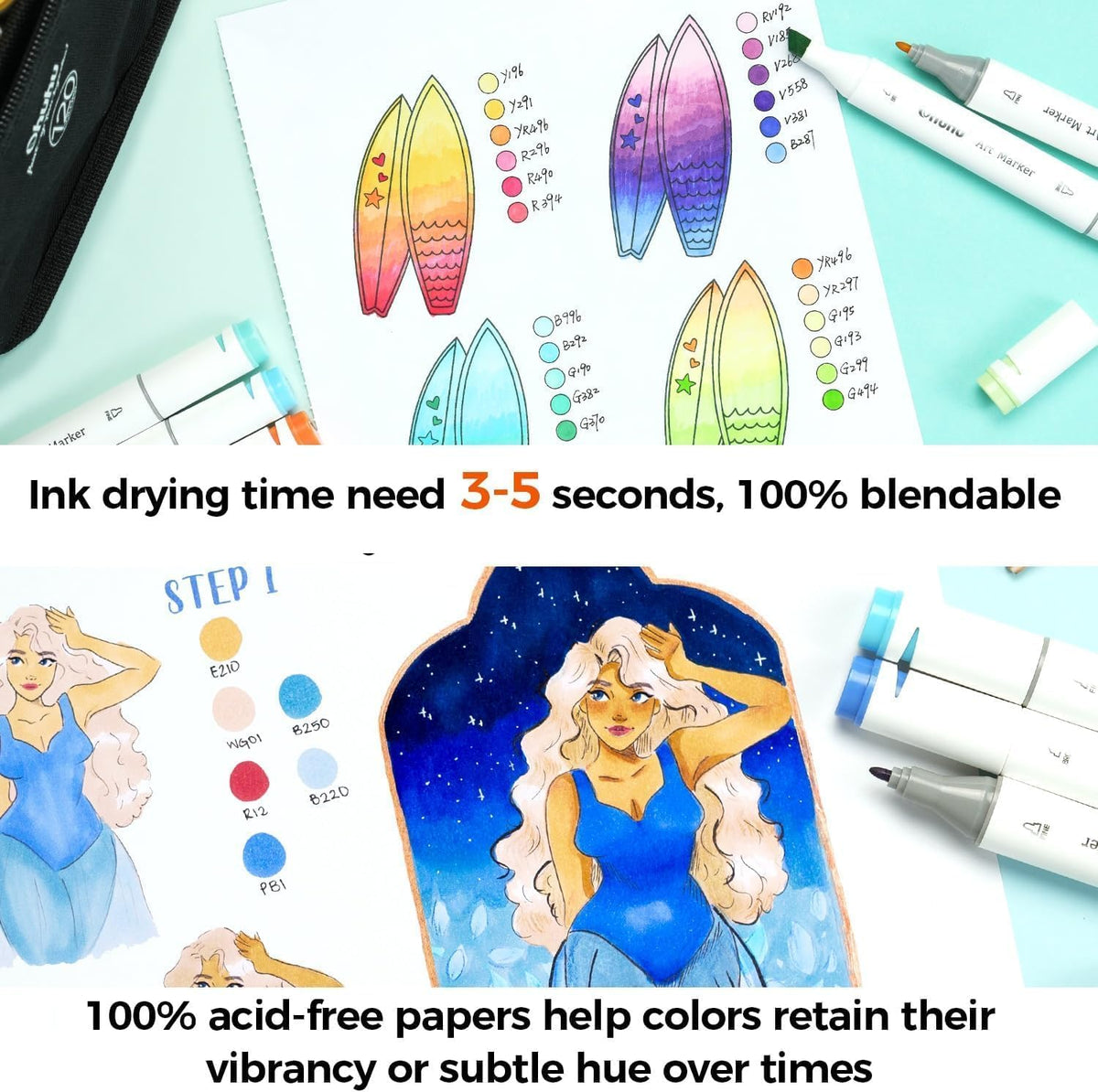 Ohuhu 8.3"x8.3" Double-Sided Bleedproof Marker Pad Art Sketchbook 60 Sheets | Square Sketch Book - 90 LB/150 GSM Smooth Drawing Paper - 60 Sheets/120 Pages - Spiral-Bound Sketch Pad for Alcohol Markers