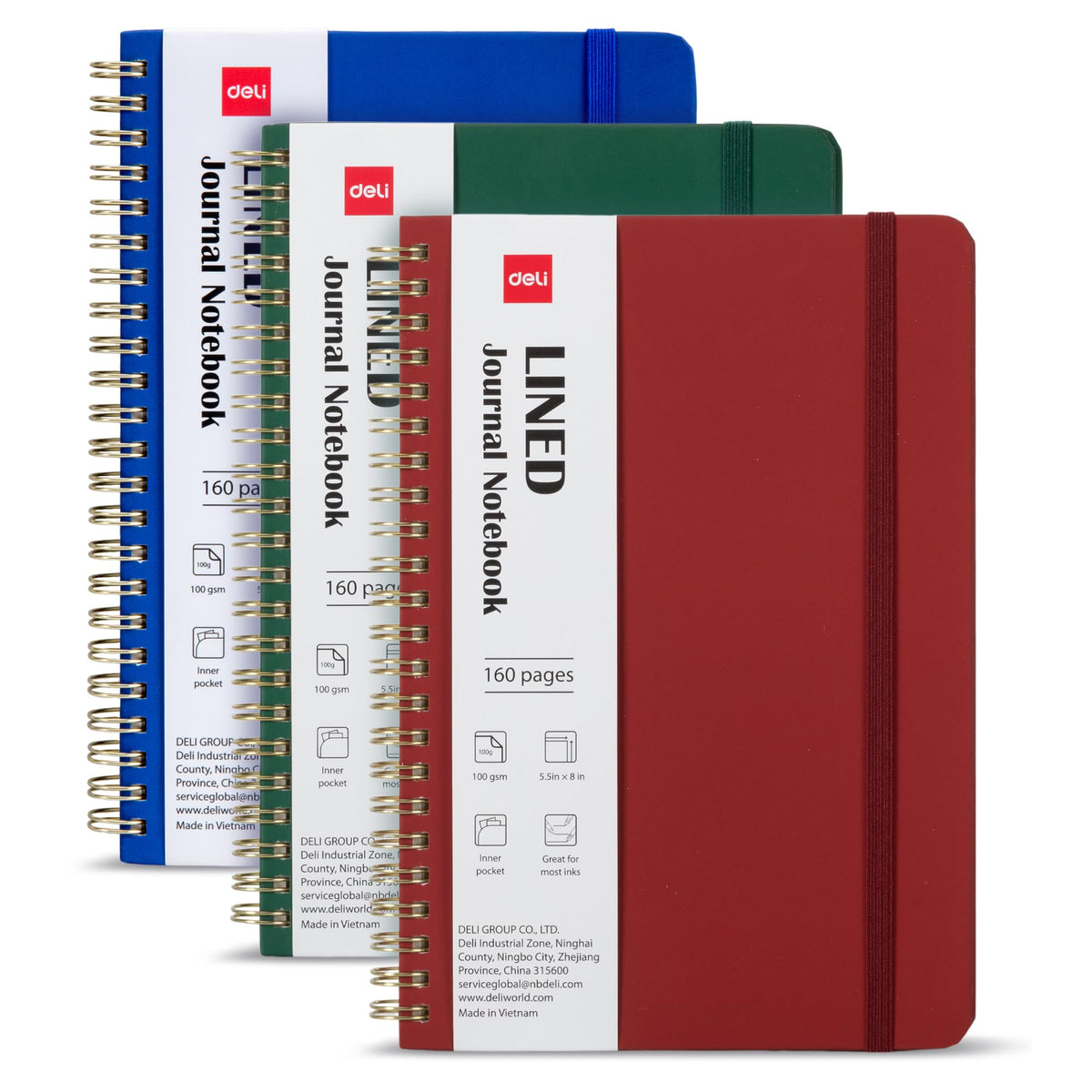 deli 3 Pack Lined Spiral Journal Notebook, 160 Pages, A5 (5.5"x8") Hardcover Writing Notebook, College Ruled Spiral Bound Journal for Women & Men - Perfect for Work, School, Office & Note Taking