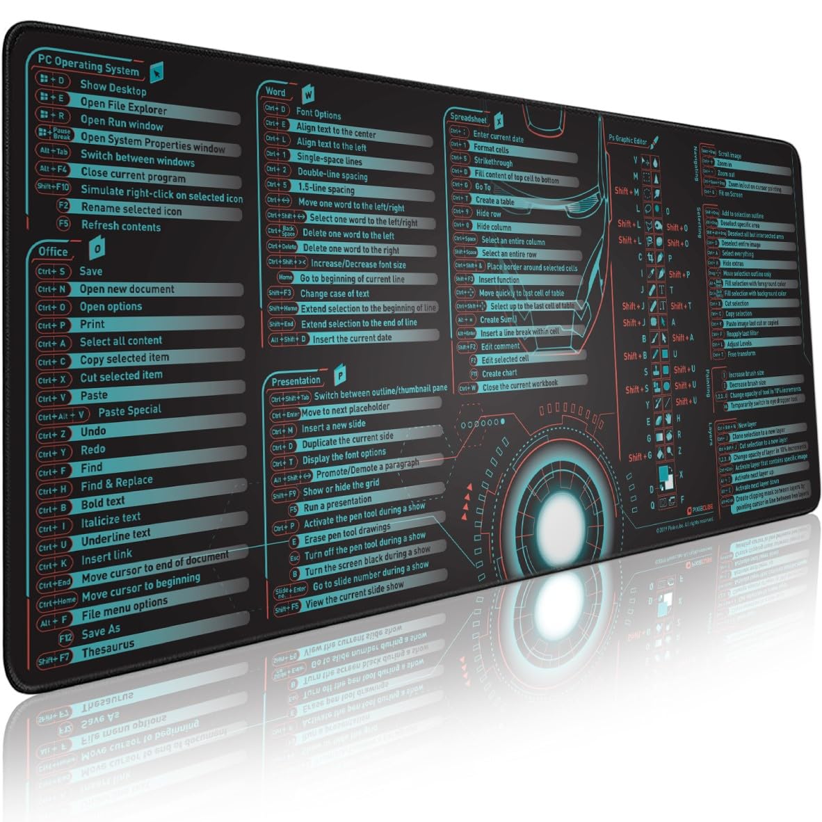 Pixiecube Excel Cheat Sheet Desk Pad | Excel Shortcut Keys Mouse Pad | Extended Large XL Gaming Mousepad | PC Office Spreadsheet Keyboard Mat | Non-Slip Stitched Edge