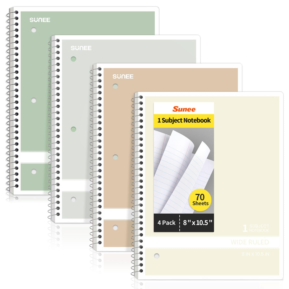 SUNEE Spiral Notebooks Wide Ruled, 1-Subject, 4 Pack, 8 x 10-1/2 in, 70 Sheets, 3-Hole Punched 70gsm Paper, Pastel Pink, Purple, Blue, Green for School, Home & Office, Writing Journal