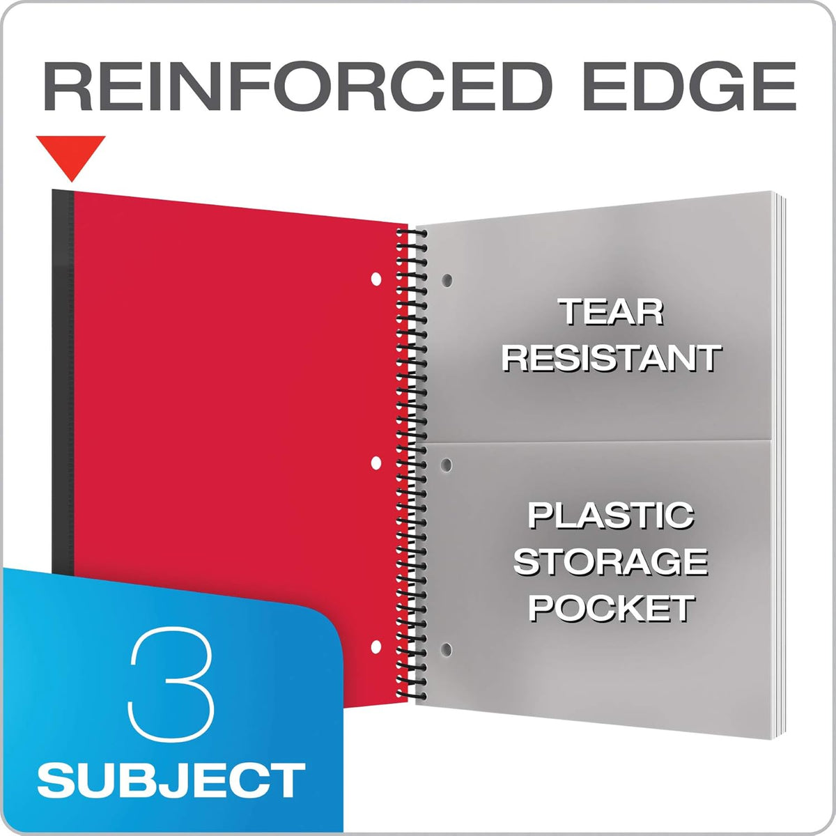 Oxford Spiral Notebook 3 Pack, 3 Subject, Wide Rule, Durable Plastic Covers, Strong Coil, 3 Durable Pockets, 8.5 x 11, 150 Sheets, Red, Green, Blue (89804)