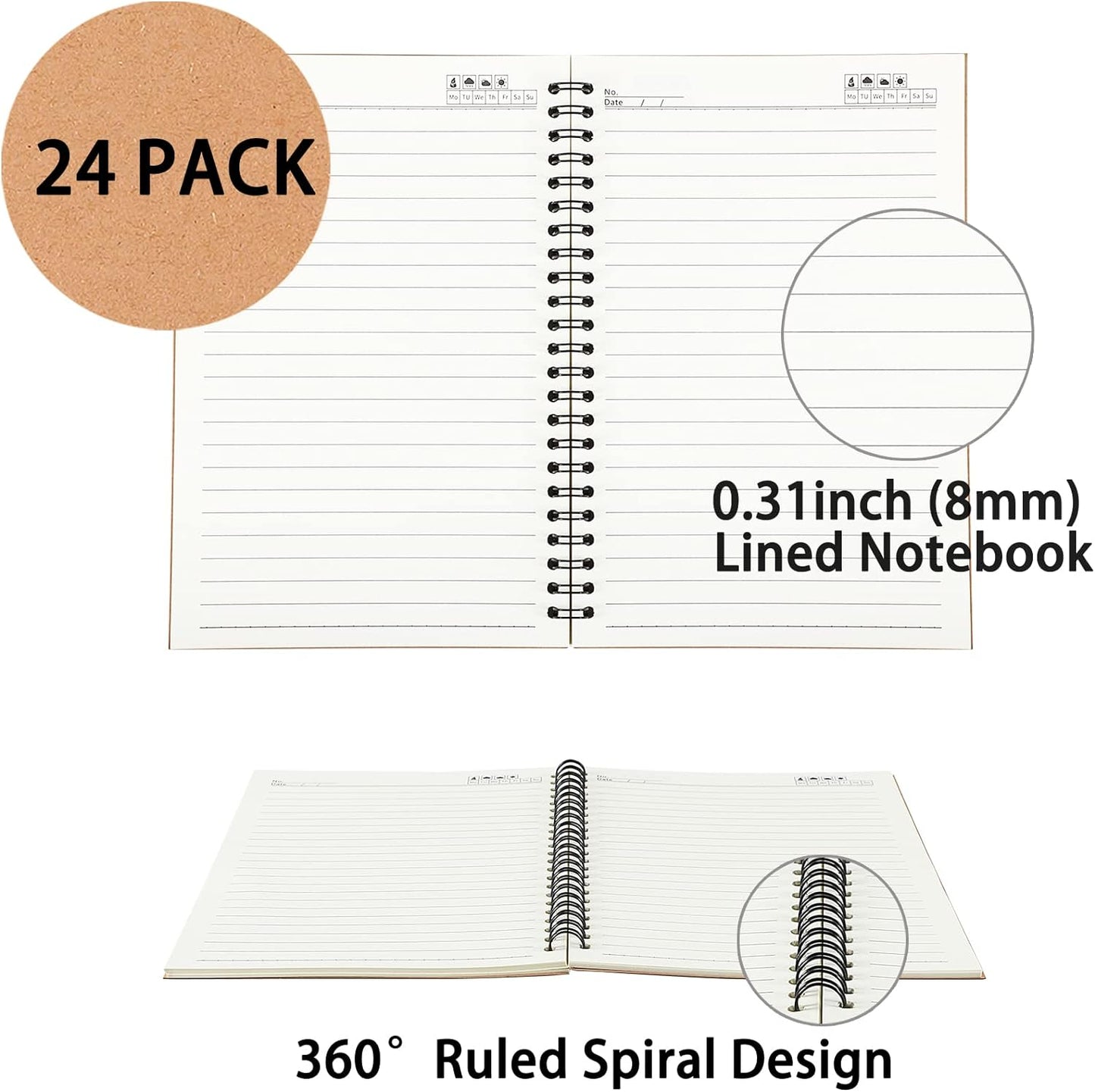 24 Pack A5 Spiral Notebooks Journal with Kraft Cover, 5x8 Inches, Ruled Lined Paper, for Work, Sketches, Study, Notes Taking, Gifts, Brown (24 PCS(Lined)) | A5 Notebook Bulk, Kraft Cover Design, Ruled Lined Paper, Spiral Binding, Work School Notes, Gift S