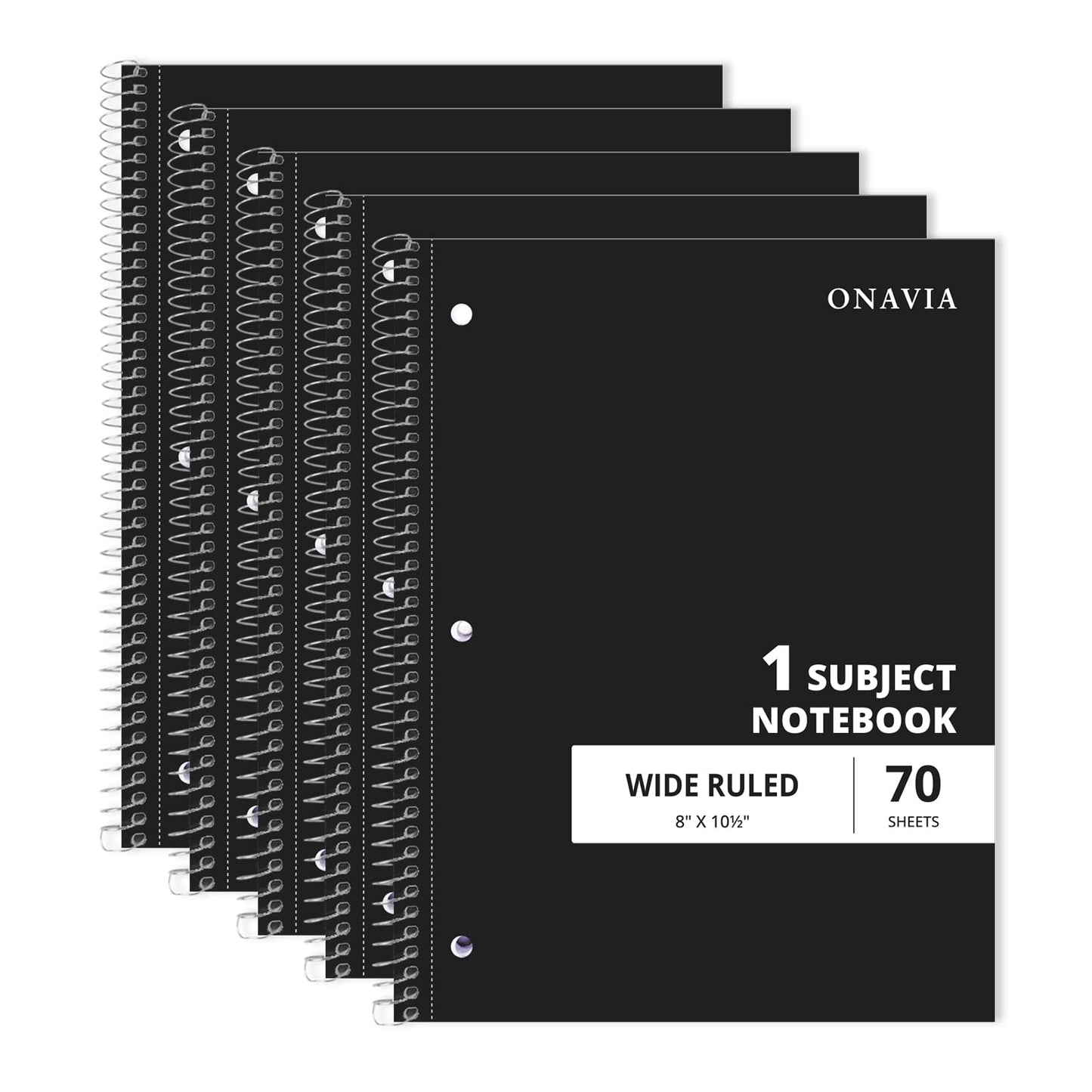 ONAVIA Pink 1 Subject Spiral Notebook Wide Ruled 5 Pack, 140 Pages | 70 Sheets, 7.5 x 10.5 in, 3-Hole Punched, School Notebook, Wide Ruled Paper, Study, Students