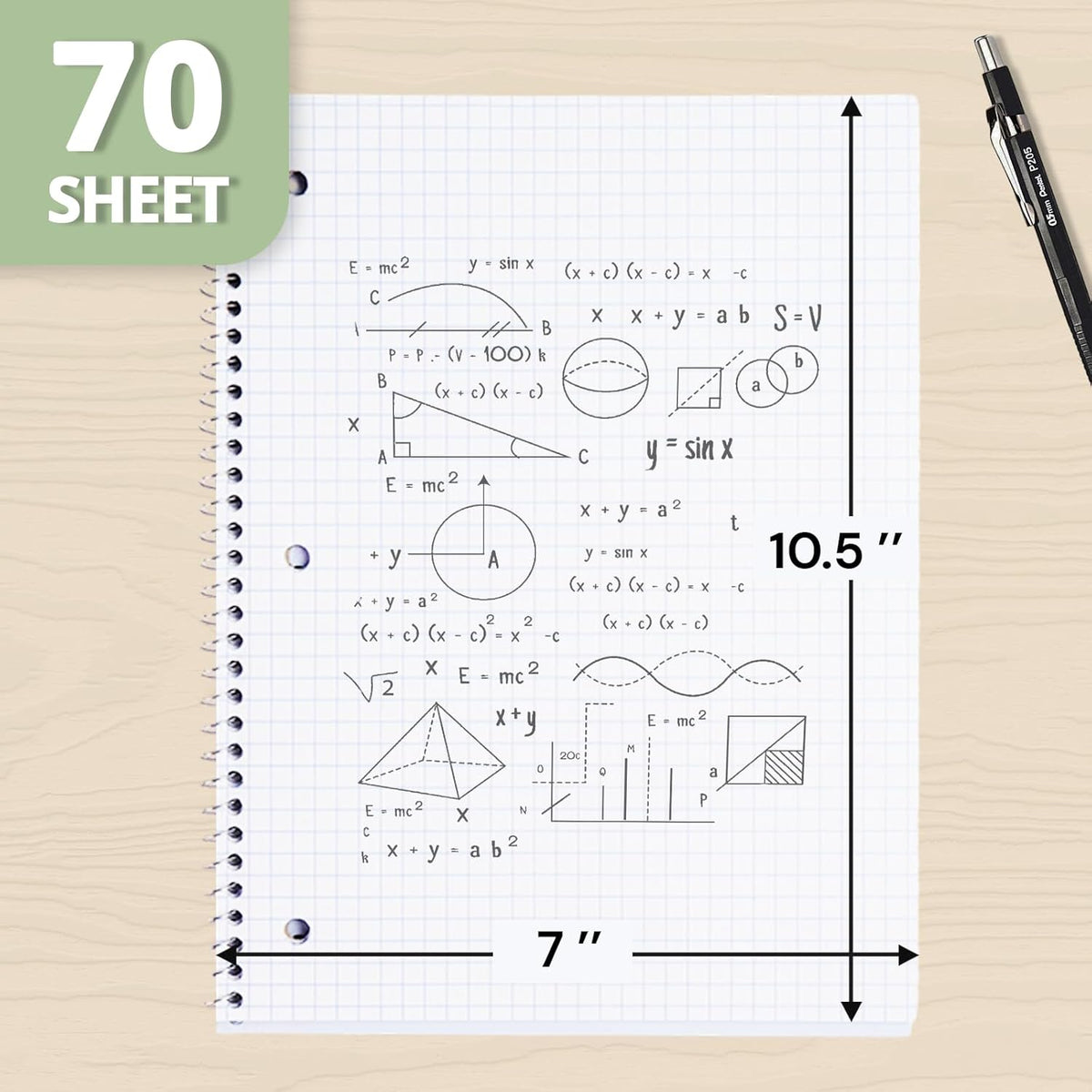 ONAVIA 1 Subject Graph Paper Spiral Notebook 5 Pack, 140 Pages, Assorted | 70 Sheets, 8 x 10.5 in, 3-Hole Punched, Graph Notebook, Grid Paper, School Notebook, Study