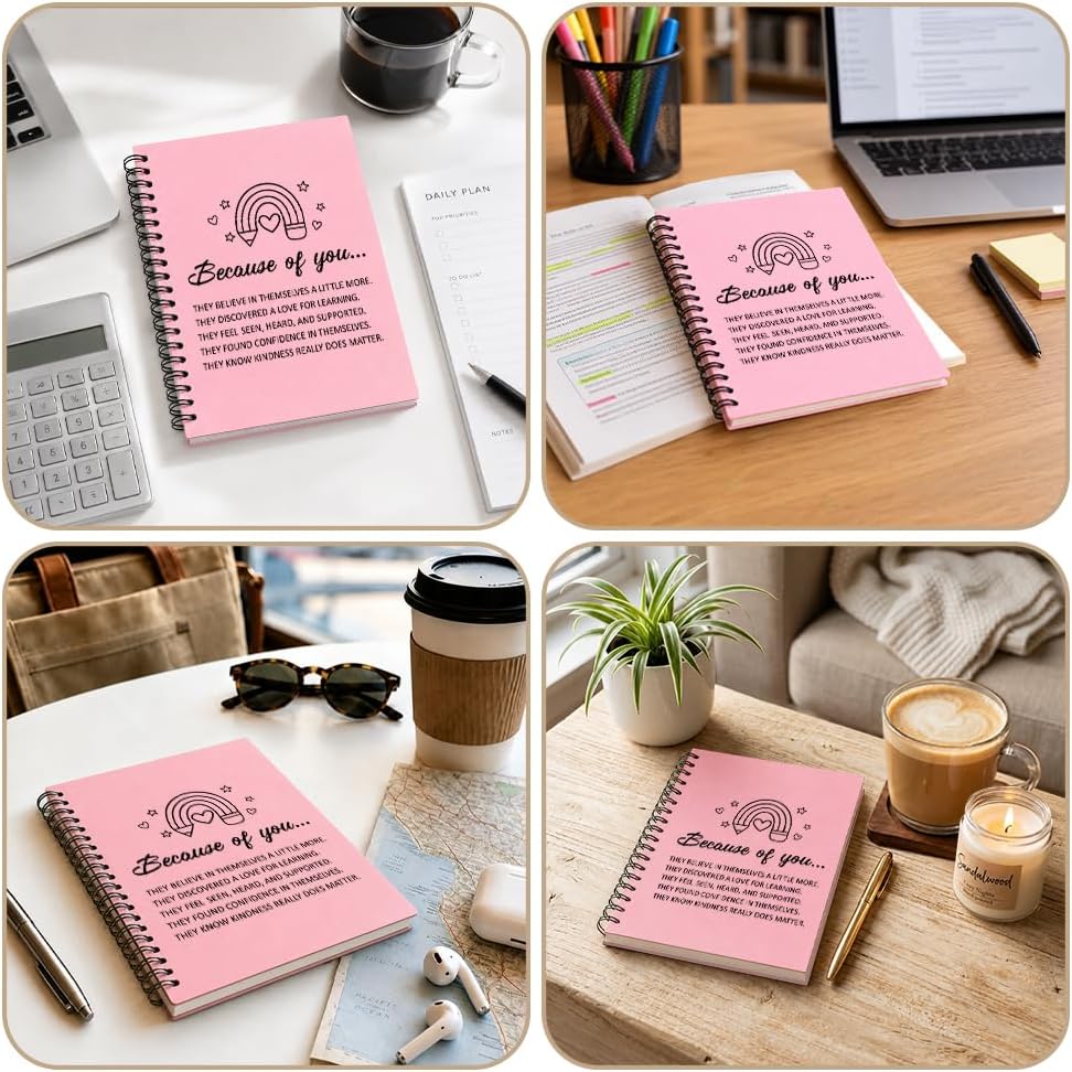Because of You Pink Spiral Notebook, Teacher Appreciation Journal | Because of You Pink Spiral Notebook, Teacher Appreciation Journal, Thank You Gifts for Teacher, Tutor, School Counselor
