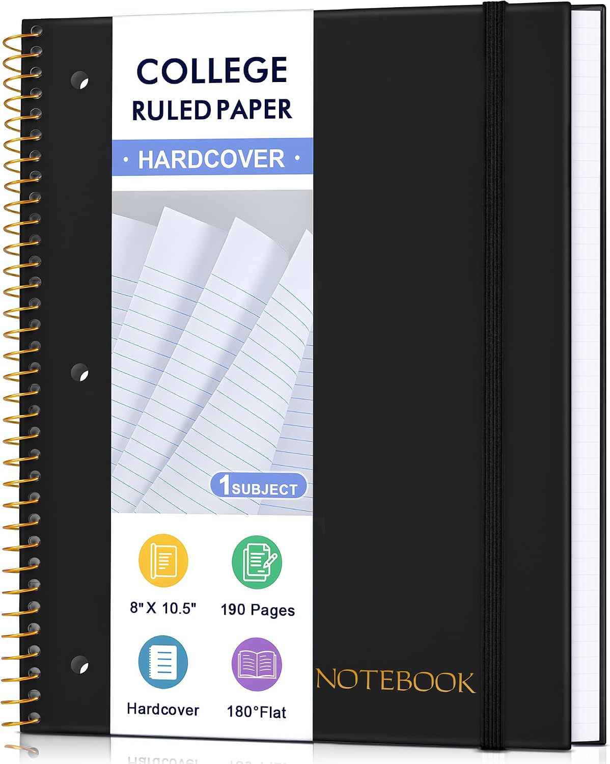 MUAHLIUB Spiral Notebook College Ruled Paper 8" x 10-1/2", 1 Subject Spiral Notebook, 3-Hole Punched Perforated Pages Ideal for School, Office, Writing, 95 Sheets Lined Journaling Notebook, Black