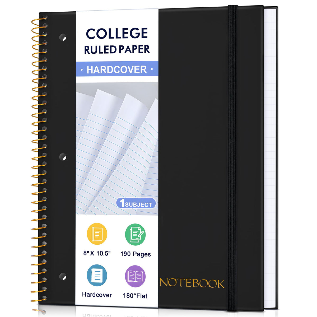 MUAHLIUB Spiral Notebook College Ruled Paper 8" x 10-1/2", 1 Subject Spiral Notebook, 3-Hole Punched Perforated Pages Ideal for School, Office, Writing, 95 Sheets Lined Journaling Notebook, Black