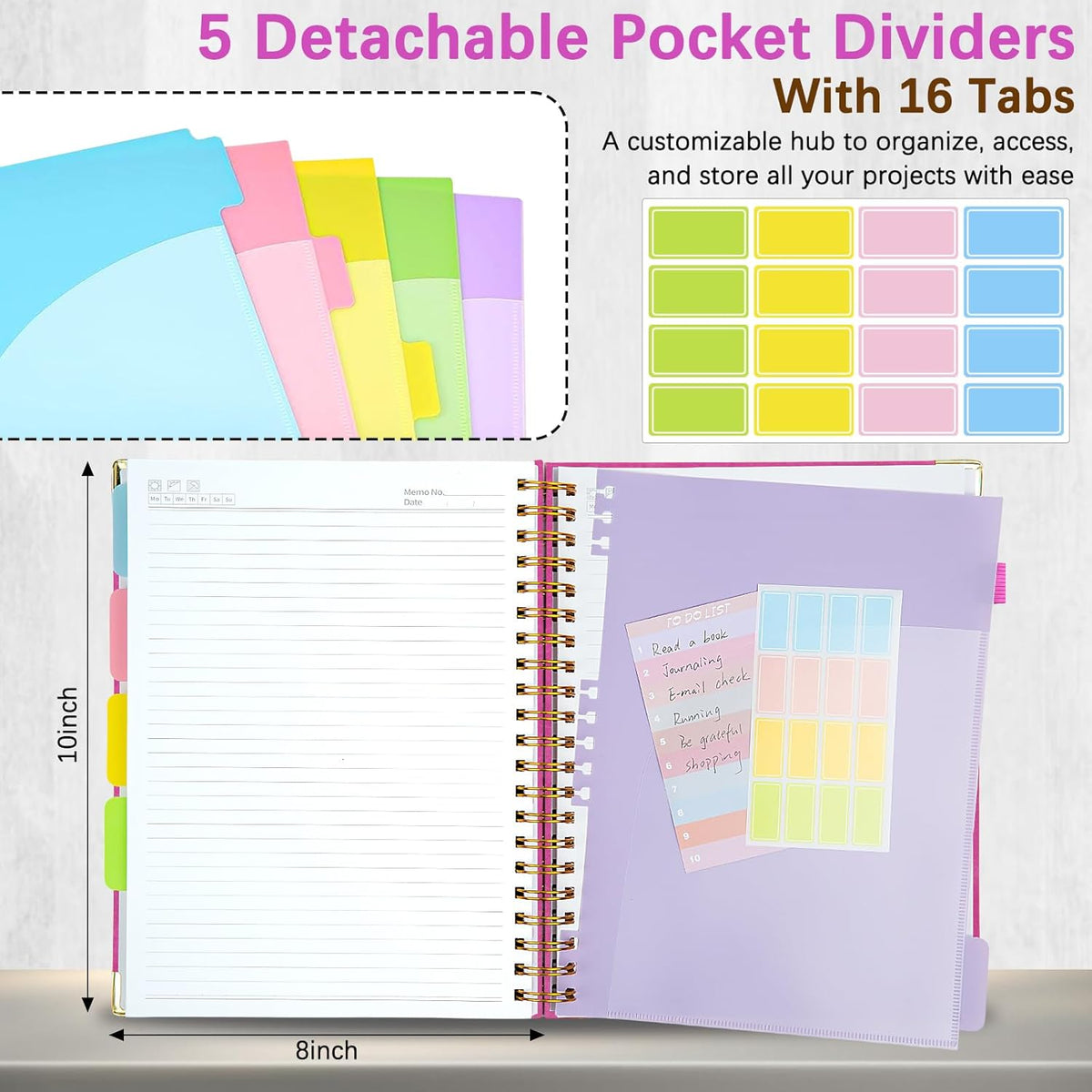 Hardcover Spiral Notebooks for Work 8''x 10'', 300 Pages 5 Subject Notebook with Dividers & Tabs, B5 Spiral Journal for Women, College Ruled Notebooks for School Note-Taking (Rose Purple)