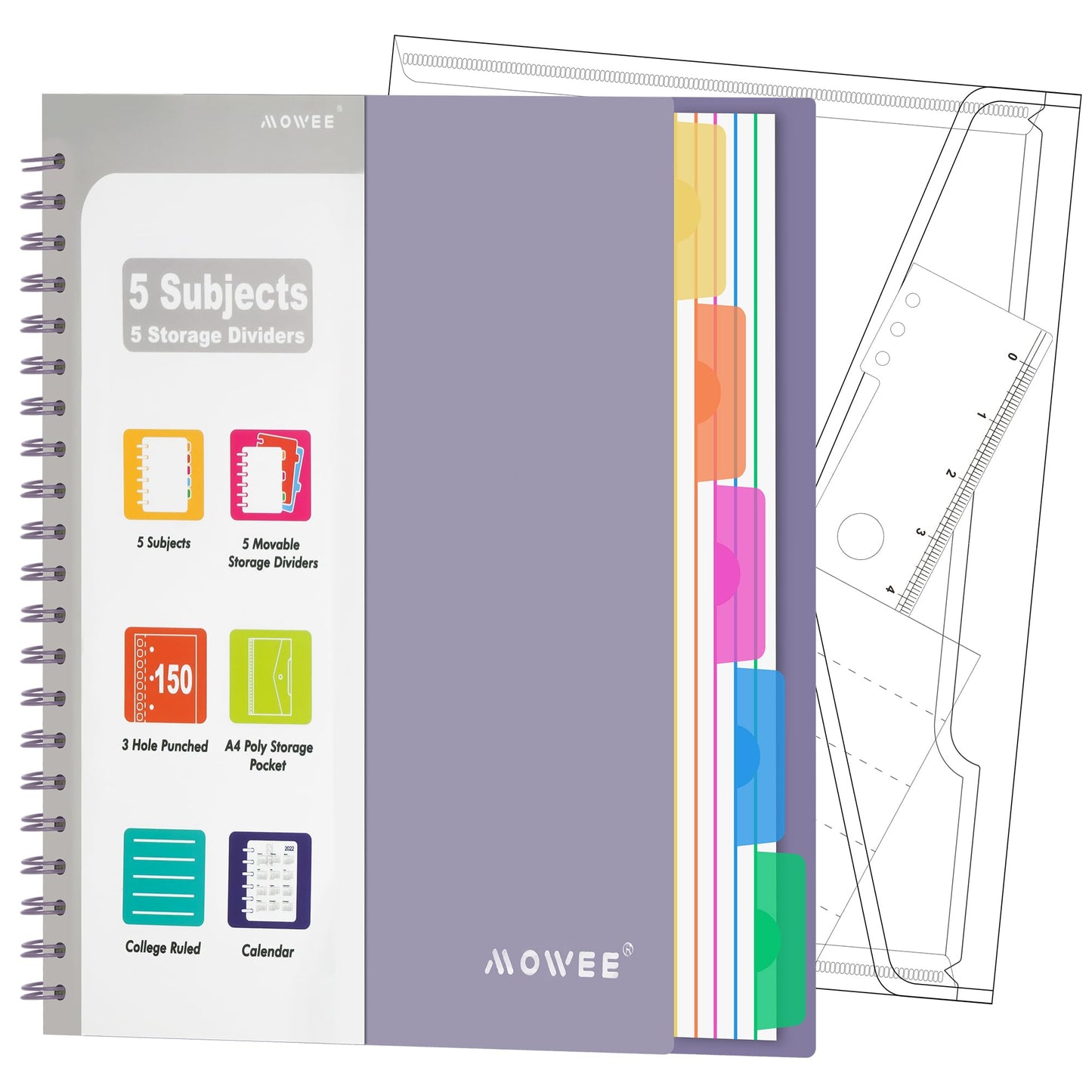 Spiral Notebook - 5 Subject Notebook, College Ruled Notebook With Dividers Pocket, Tabs Label, 11" Ruler, 200 Pages, for Writing Journal, Home & Office, School Supplies, 8.5''x11''Black | 200 Pages, 11" Ruler, 8.5"x11" Black, Pocket Dividers with Tab Labe