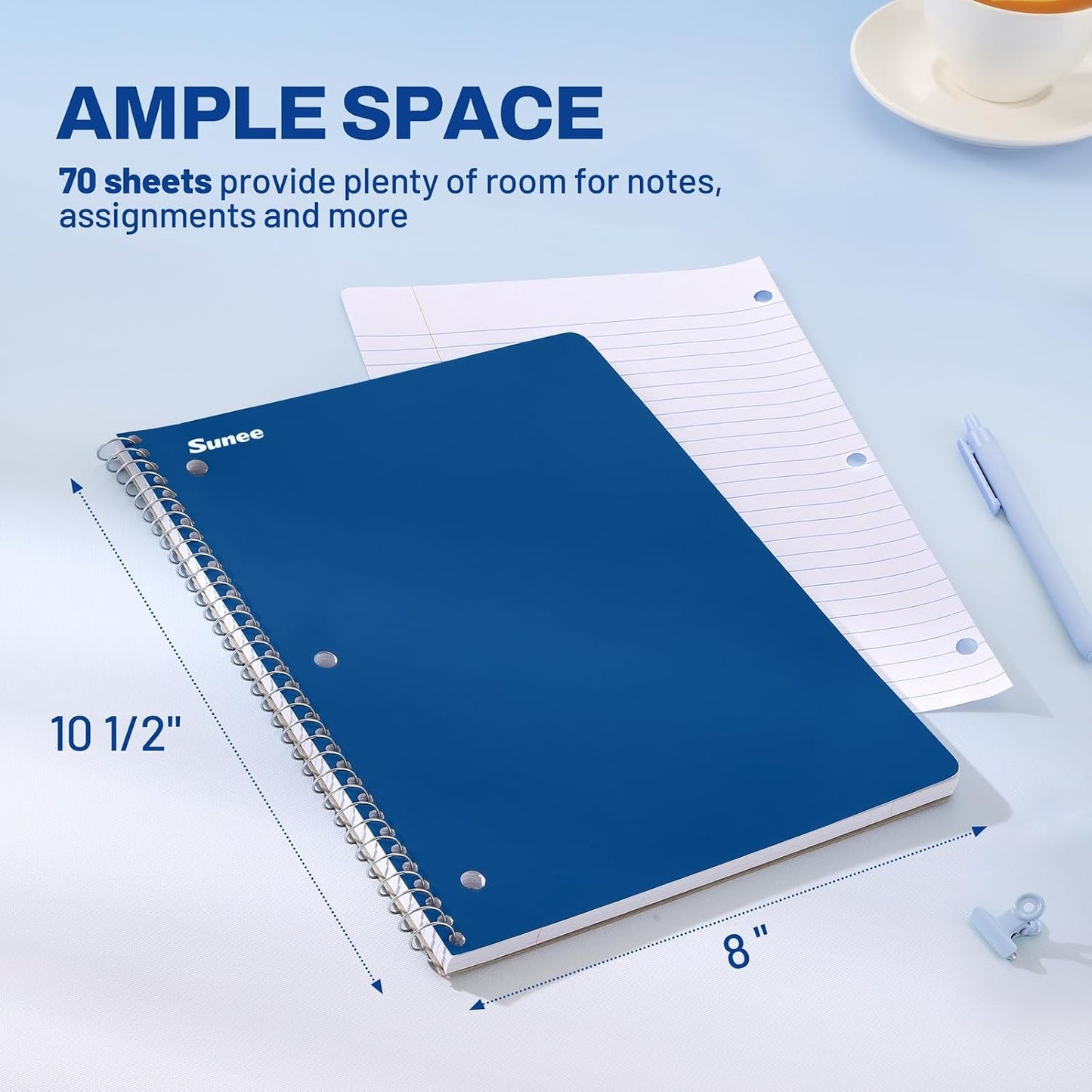 SUNEE Spiral Notebooks, 1-Subject, 5 Pack, Wide Ruled Paper, 8" x 10-1/2", 70 Sheets per Notebook, 3-Hole Punched Paper, Spiral Lined Notebooks for School, Work, Classic Colors