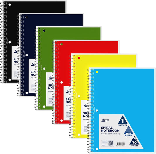 Wide Ruled Spiral Notebooks Bulk Spiral Bound Notebooks for Work 1 Subject Notebook 6 Color Assortment 3 Hole Perforated 70 Sheets 140 pages 10.5" x 8" (6 pack)