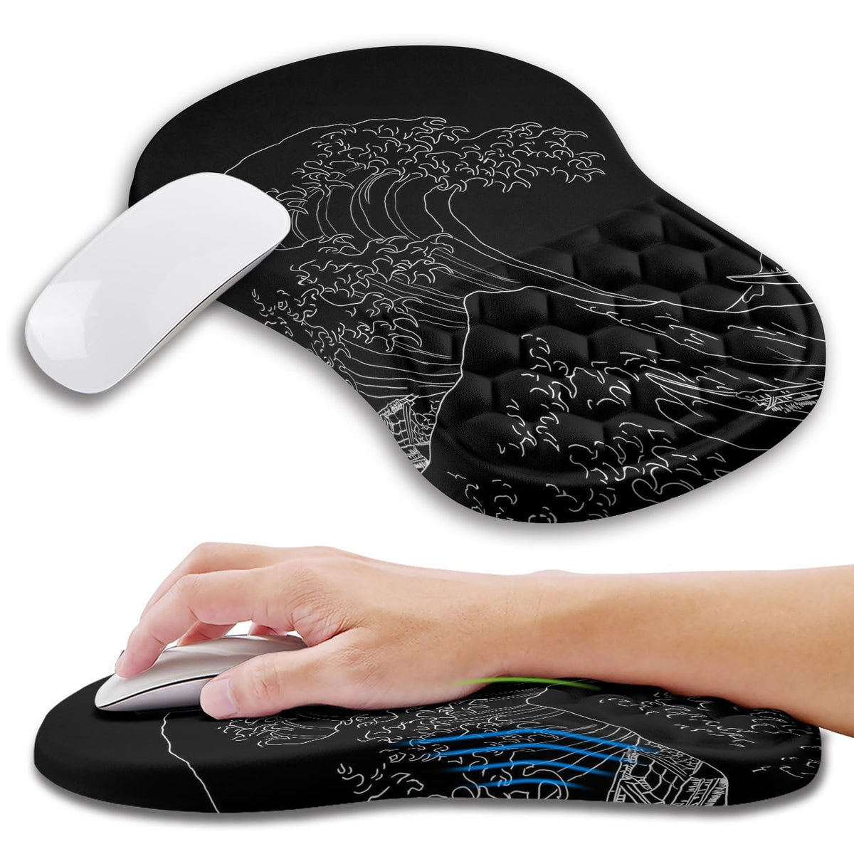Ergonomic Mouse Pad Wrist Support with Memory Foam Massage Bulge, Carpal Tunnel Pain Relief Mousepad Wrist Rest for Mouse(12x8 inch, Black)