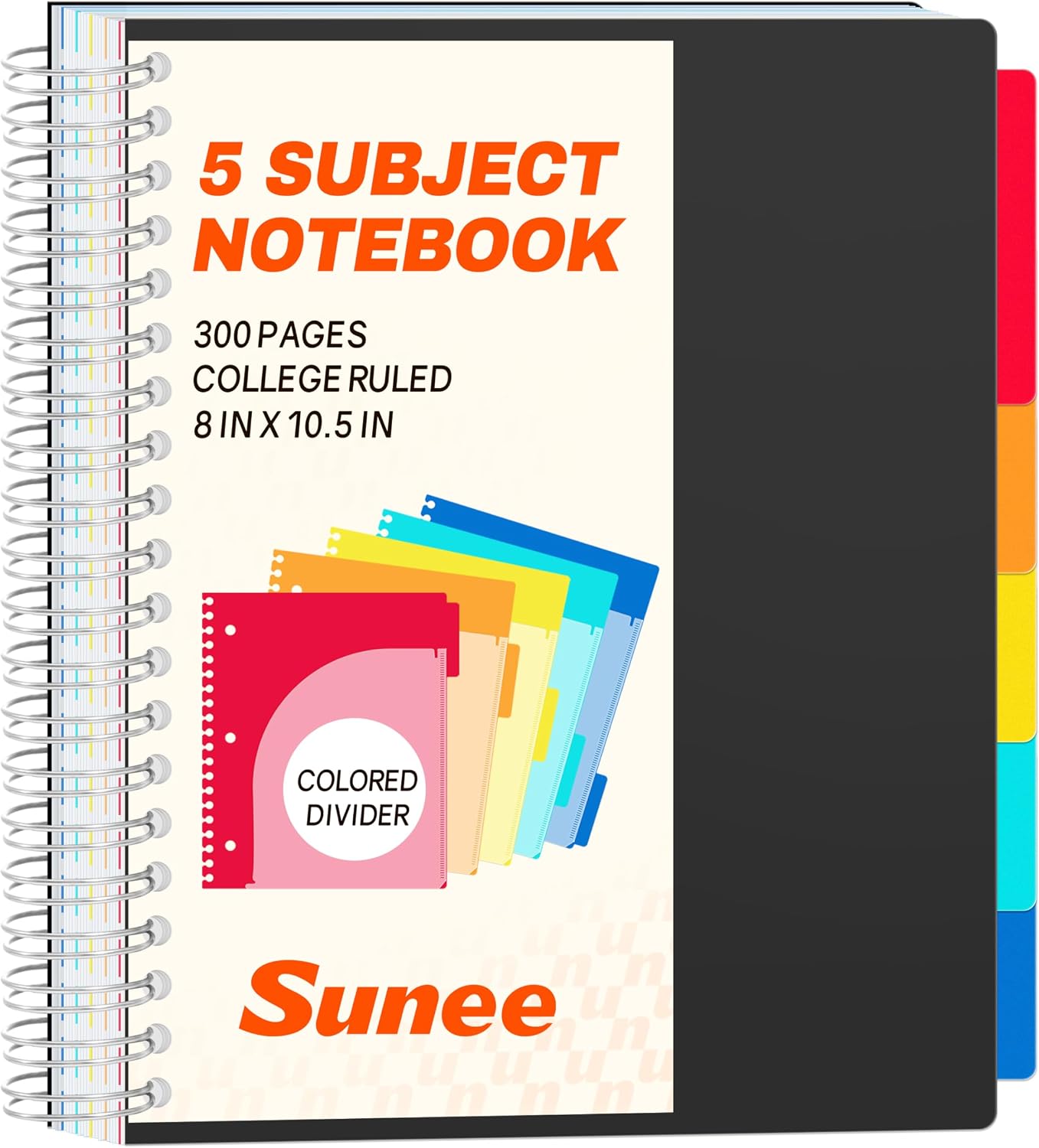 SUNEE Spiral Notebooks for Work with Removable Dividers & Tabs – College Ruled 5 Subject, 300 Pages, 3 Hole Punched, Durable PP Cover, 8"x10.5" – Notebooks for Office or School, Black