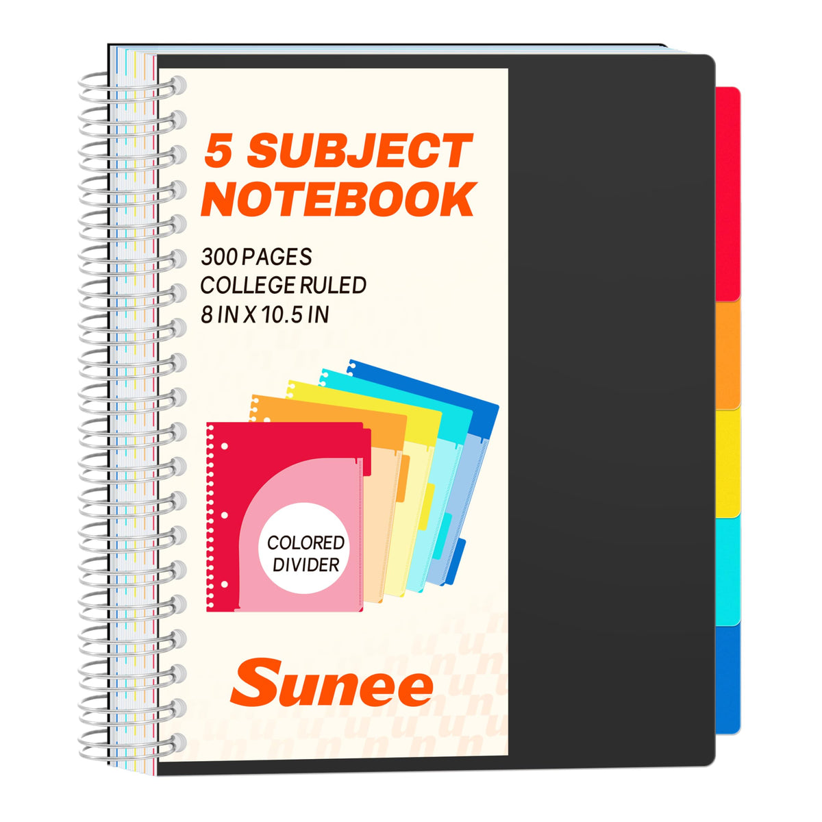 SUNEE Spiral Notebooks for Work with Removable Dividers & Tabs – College Ruled 5 Subject, 300 Pages, 3 Hole Punched, Durable PP Cover, 8"x10.5" – Notebooks for Office or School, Black