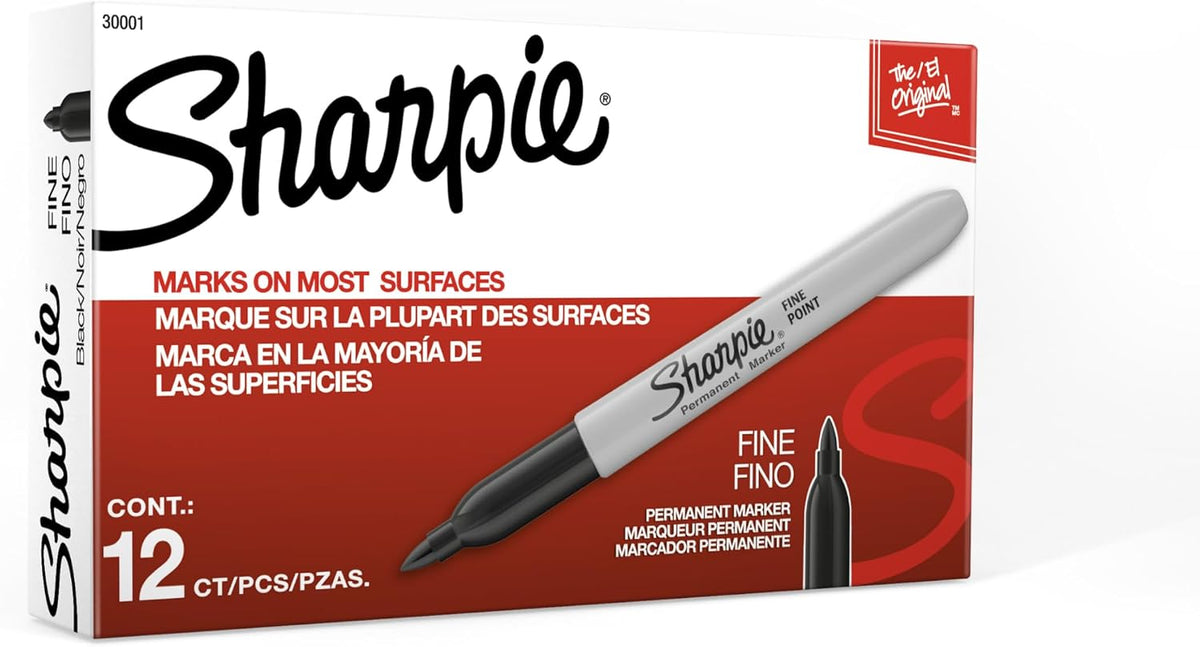 Sharpie Permanent Markers, Fine Tip, Black, 12 Count - Quick Drying, Fade Resistant, For Wood, Plastic, Paper, Metal, And More