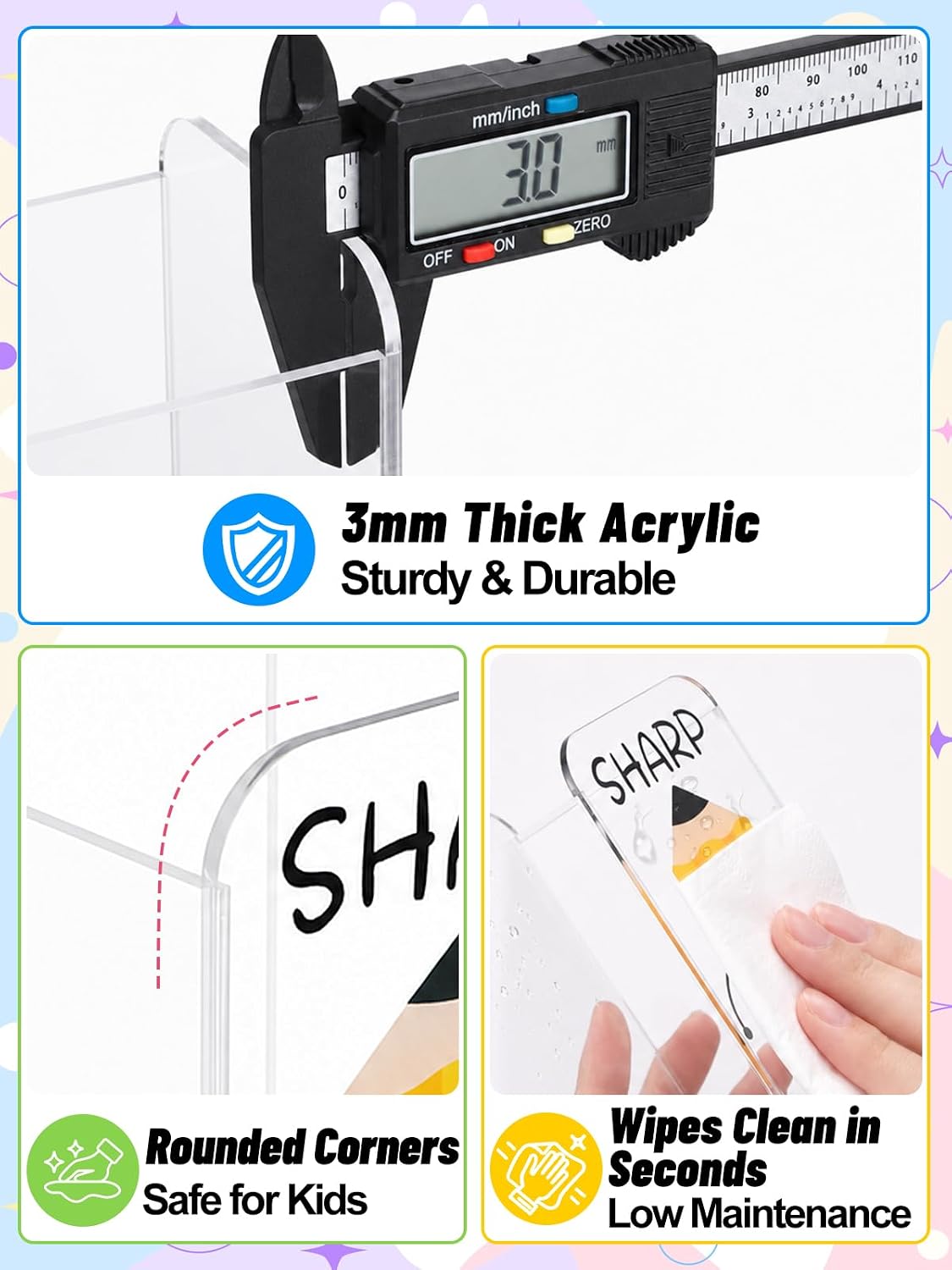3pcs Acrylic Sharp and Dull Pencil Holder for Classroom, No Assembly Needed | Clear Pencil Dispenser with Eraser Bucket for Elementary School, Teacher Desk Must Haves, Back to School Supplies