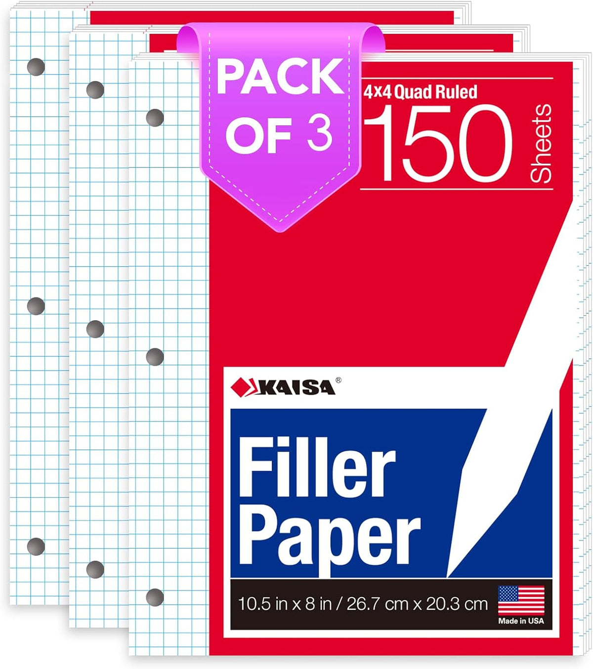 Kaisa Graph Paper Filler Paper USA-Made Bulk Wholesale Available 3 Pack 4x4 Quad Rule 3-Hole Punched Loose Leaf Paper 8x10.5 Filler Paper for 3-Ring Binder, 150 Sheets/Pack