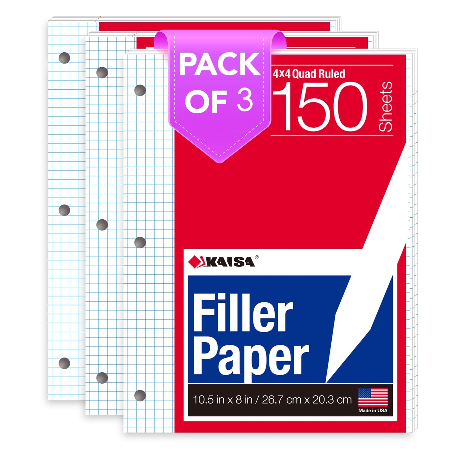 Kaisa Graph Paper Filler Paper USA-Made Bulk Wholesale Available 3 Pack 4x4 Quad Rule 3-Hole Punched Loose Leaf Paper 8x10.5 Filler Paper for 3-Ring Binder, 150 Sheets/Pack