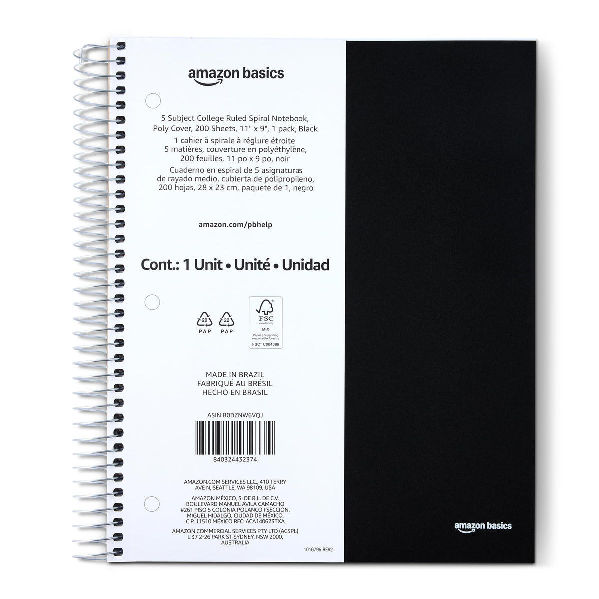 Amazon Basics Wide Ruled Spiral Notebook, Poly Cover, 5 Subject, For Work and School, 200 Sheets, 8.5" x 10.5", Black, 1-Pack