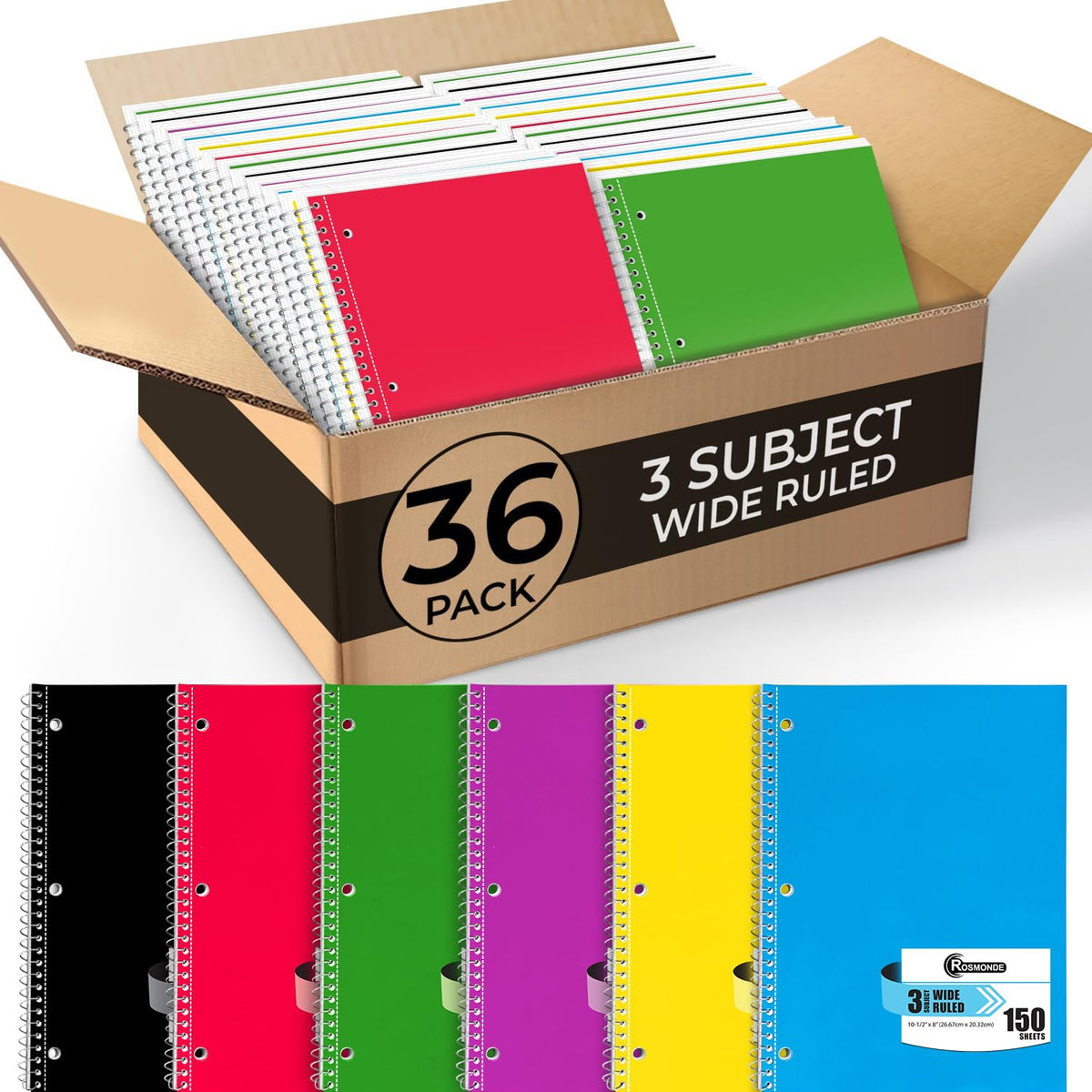 1 Subject Spiral Notebook Bulk, 50 Pack, Wide Ruled, Assorted | Bulk Wide Ruled Notebooks, Thick Paper, 140 Pages (70 Sheets), 8 x 10-1/2", 3 Hole Punched, Bulk Subject Notebook For School