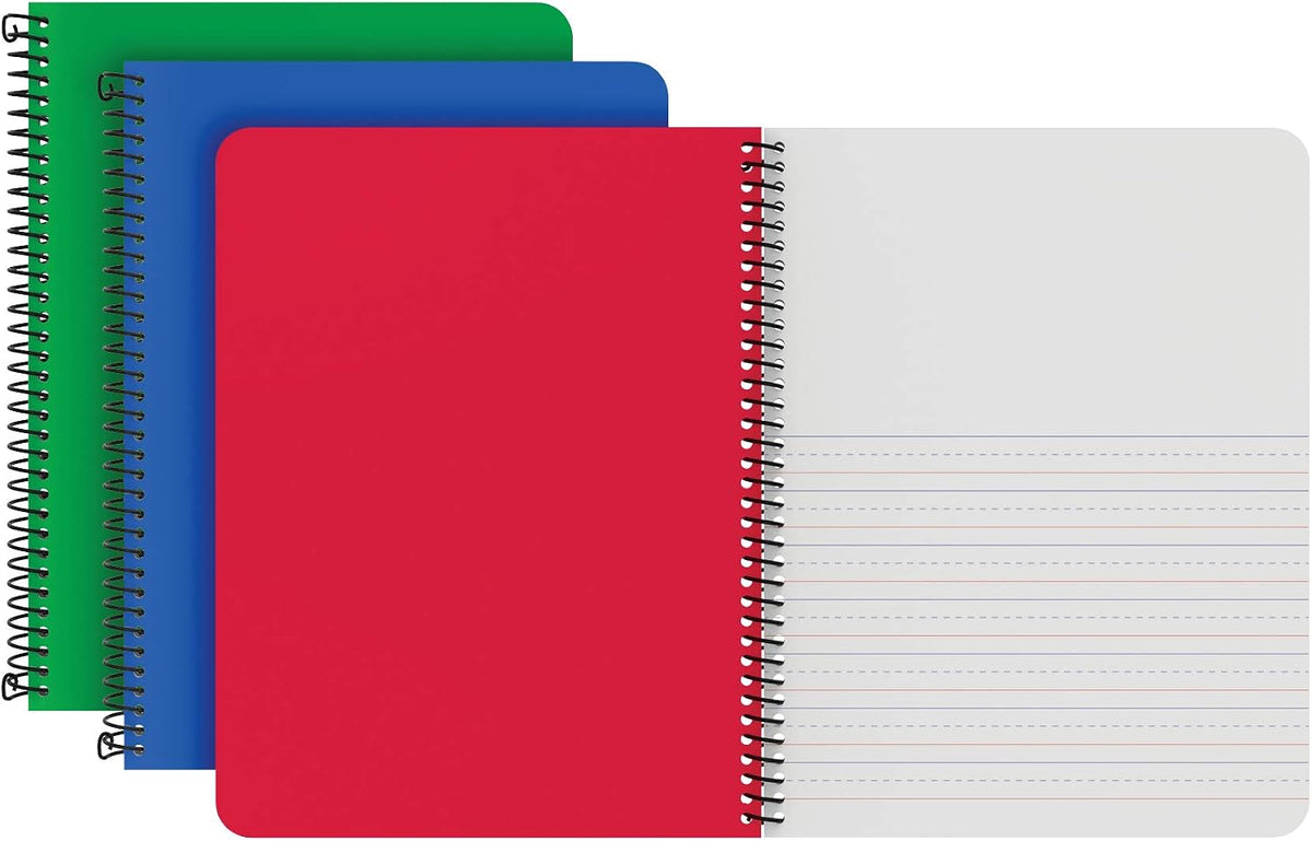 Oxford Primary Spiral Notebooks, Writing/Drawing Practice, Pre-K, K-2, Durable Plastic Covers, Writing Journals for Kids, 80 Sheets, 9-3/4 x 7-1/2 Inch, Blue, Green, Red, 3 Pack (89001)