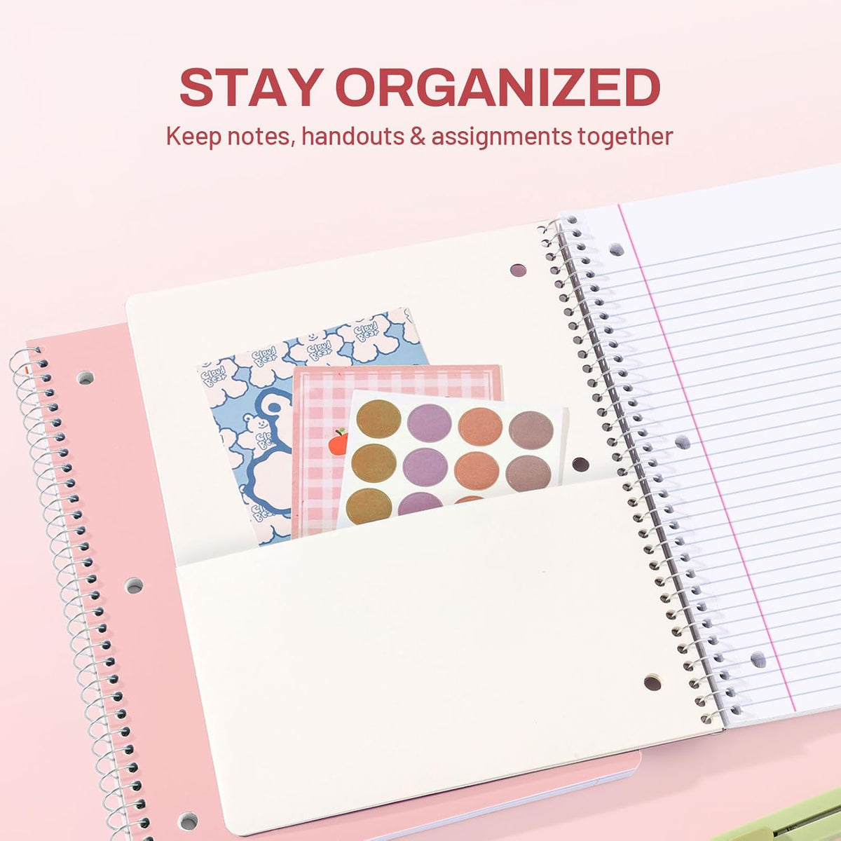 SUNEE Spiral Notebook, 1-Subject, College Ruled Paper, 8" x 10-1/2", 100 Sheets per Notebook, 3-Hole Punched Paper, Water Resistant Cover, Double-sided Pockets, Spiral Lined Notebooks for Work, Pink
