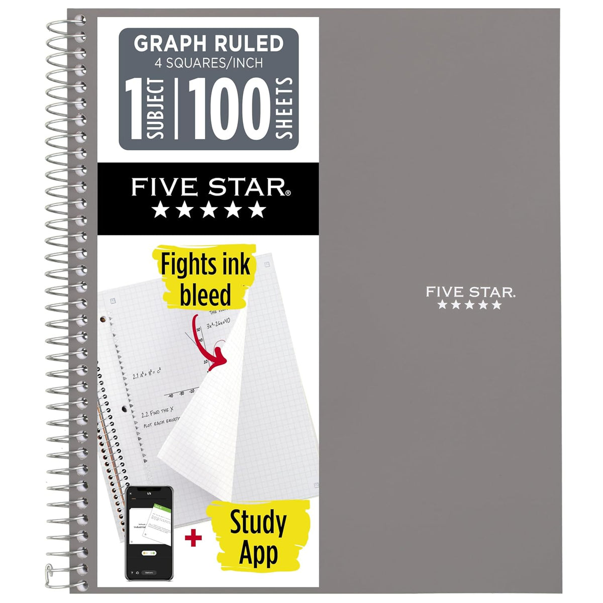 Five Star Spiral Notebook + Study App, 1 Subject, Graph Ruled Paper, 8-1/2" x 11", 100 Sheets, Fights Ink Bleed, Water Resistant Cover, Gray (620000AA3)