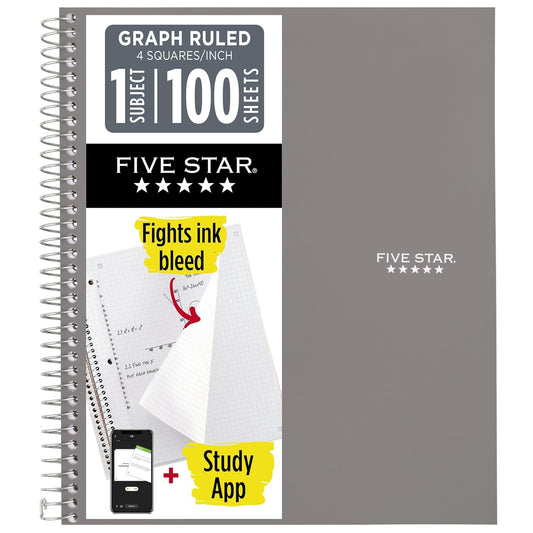 Five Star Spiral Notebook + Study App, 1 Subject, Graph Ruled Paper, 8-1/2" x 11", 100 Sheets, Fights Ink Bleed, Water Resistant Cover, Gray (620000AA3)