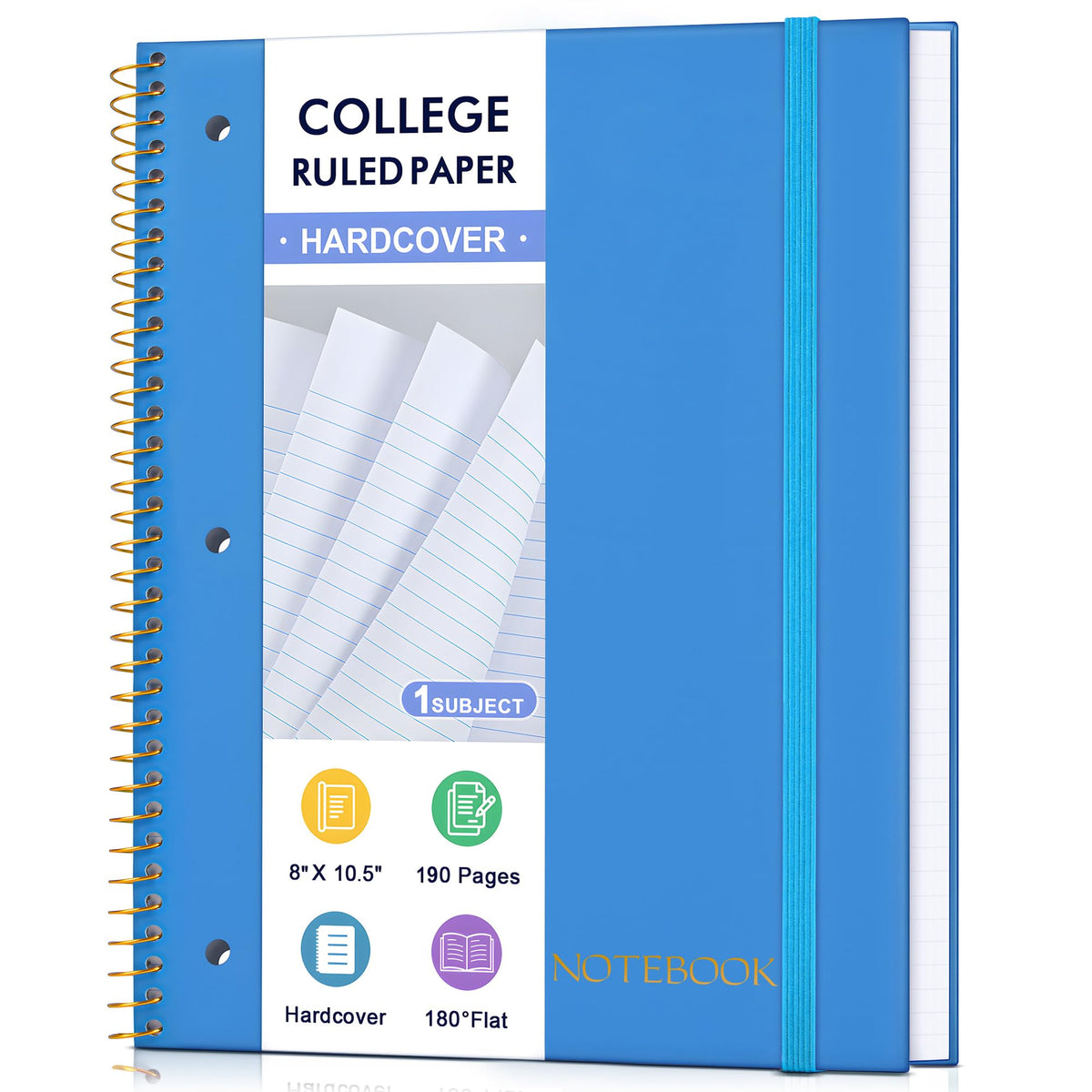 MUAHLIUB Spiral Notebook College Ruled Paper 8" x 10-1/2", 1 Subject Spiral Notebook, 3-Hole Punched Perforated Pages Ideal for School, Office, Writing, 95 Sheets Lined Journaling Notebook, Black