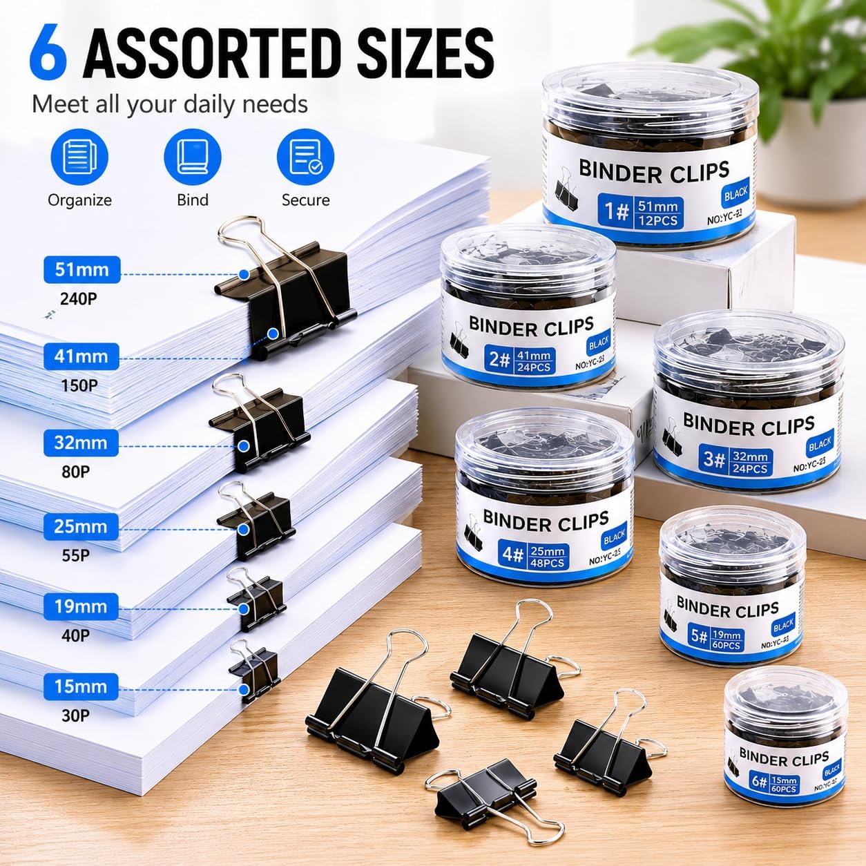 208PCS Binder Clips Assorted Sizes, Paper Clamps 6 Sizes, Office Supplies | Extra Large Medium Small Mini Micro, Meta Blinder Paper Clamps, for Office Supplies, Home, School
