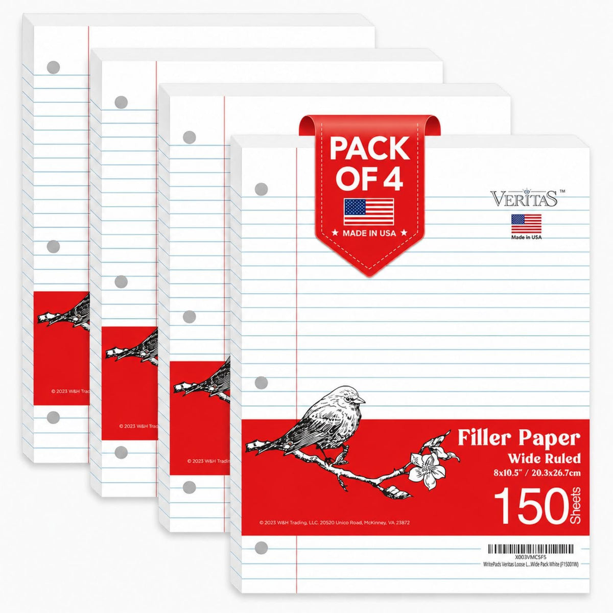 WritePads Wide Ruled Loose Leaf Paper 600 Sheets, 4 Pack Bulk Notebook Paper, 8"x10.5" 3 Hole Punched Binder Fitter Paper, Fits Standard 3-Ring Binders, Ink Bleed Resistant, Made in USA