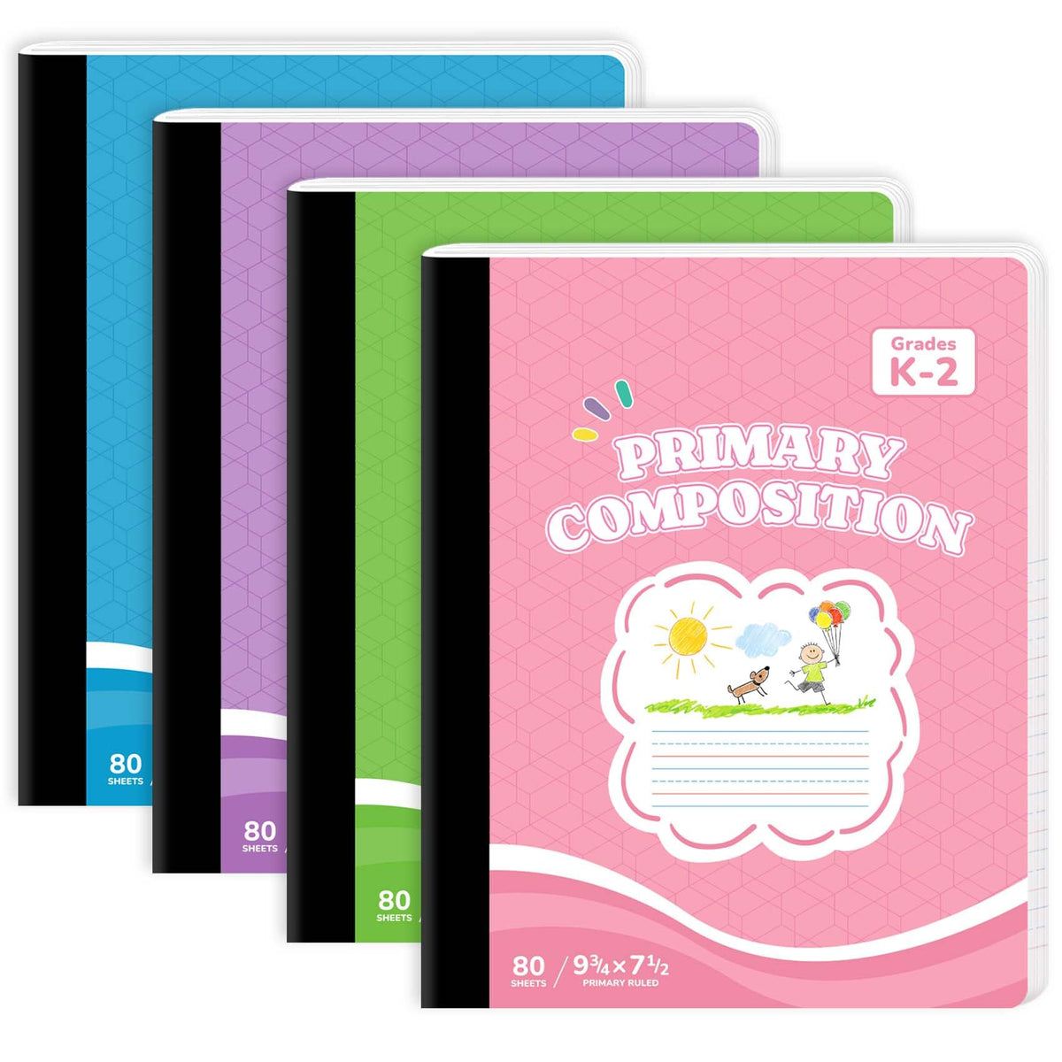 Primary Ruled Composition Notebook K-2, Cute Composition Notebook | 4 Pack 9-3/4" x 7-1/2", 160 Pages (80 Sheets), Pastel Primary Composistion Notebook Perfect for School Office Supplies