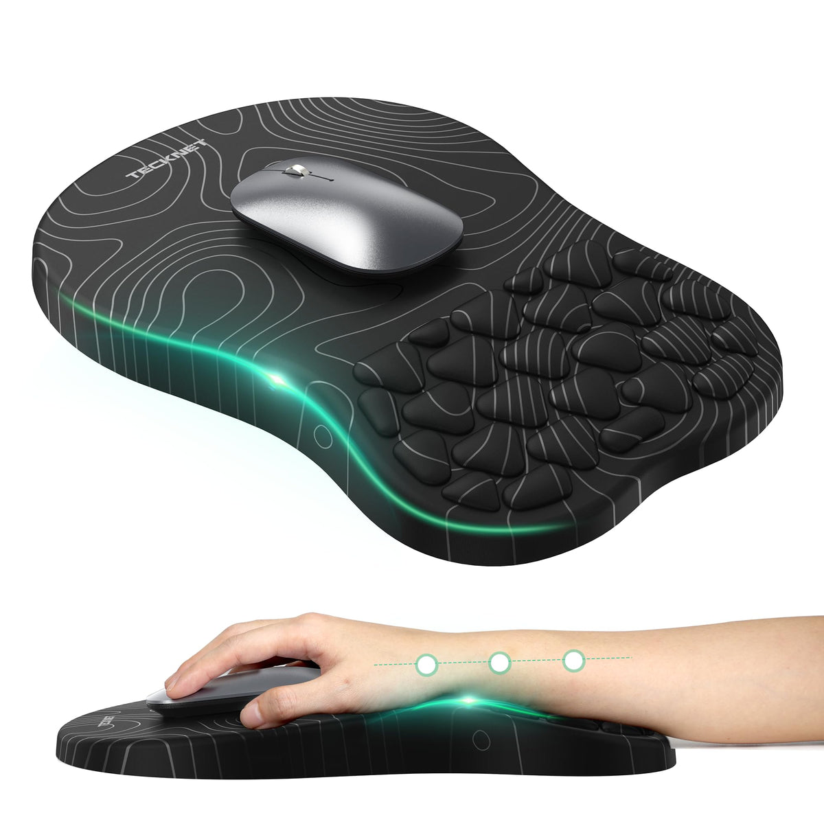 TECKNET Ergonomic Mouse Pad with Wrist Rest,Soft Comfortable Massage Design | Memory Foam and Non-Slip PU Base for Pain Relief, Office Gaming Mousepad for Desk, Home, Office - Black